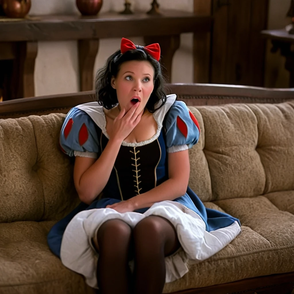 cinematic film still of <lora:Snow White illu v1:0.7>
Snow White a wide shot of a surprised smiling woman in a dress is sitting on a couch with her hand on her lips in middle ages In 1500s 15th Century, 1girl, solo, black hair, dress, bow, sitting, hair bow, pantyhose, shoes, cosplay, no panties, masturbation, female masturbation, realistic
, shallow depth of field, vignette, highly detailed, high budget, bokeh, cinemascope, moody, epic, gorgeous, film grain, grainy