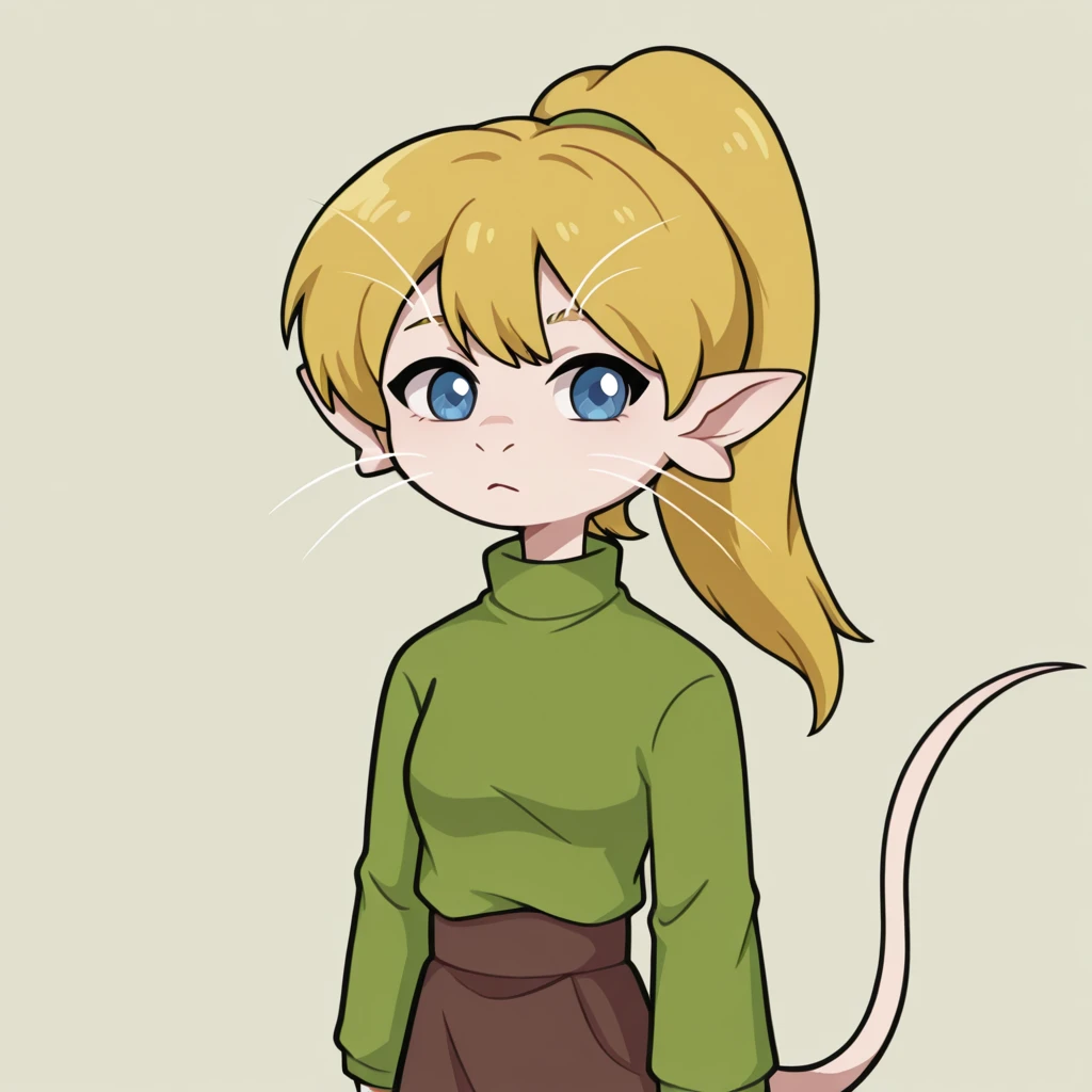 <lora:Poniko-ILL:1> poniko, 1girl, solo, ponytail, blonde hair, blue eyes, turtleneck, green shirt, long sleeves, brown skirt
<lora:Ariral:1> 4r1r4l, whiskers, ariral ears, tail