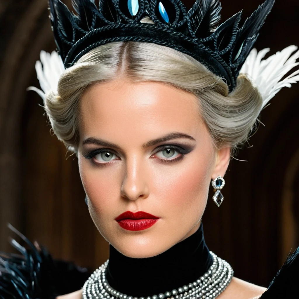 1920s commercial illustration of <lora:Evil Queen illu v1:0.9>
Evil Queen a closeup of a blonde braided grey hair woman with a black balenciaga dress and a black feathered headpiece costume looking evil staring at camera with perfect white light on in 1500s 15th century, 1girl, solo, short hair, jewelry, braid, earrings, grey eyes, eyelashes, lips, makeup, feathers, portrait, eyeshadow, realistic, magazine cover illustration from the 1920's, exaggerated realism, a hint of caricature