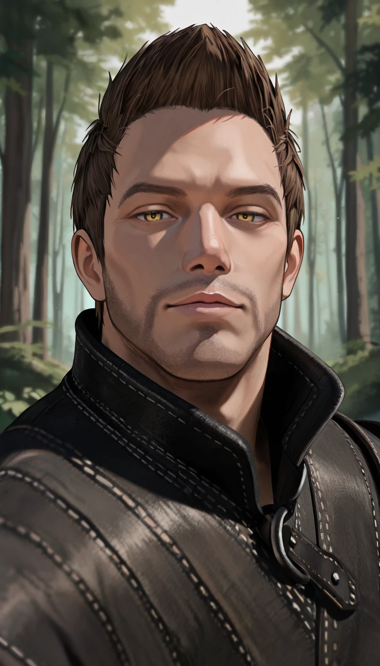 masterpiece, best quality, newest, perfect quality, best quality, detailed background, intricate details, male focus, solo, <lora:Skyrim Romance Mod - Bishop - Illustrious 2-000007:0.7>, srm_bishop, 1boy, mature male, brown hair, very short hair, yellow eyes, stubble, leather armor, forest, looking at viewer, head tilt, portrait, seductive look