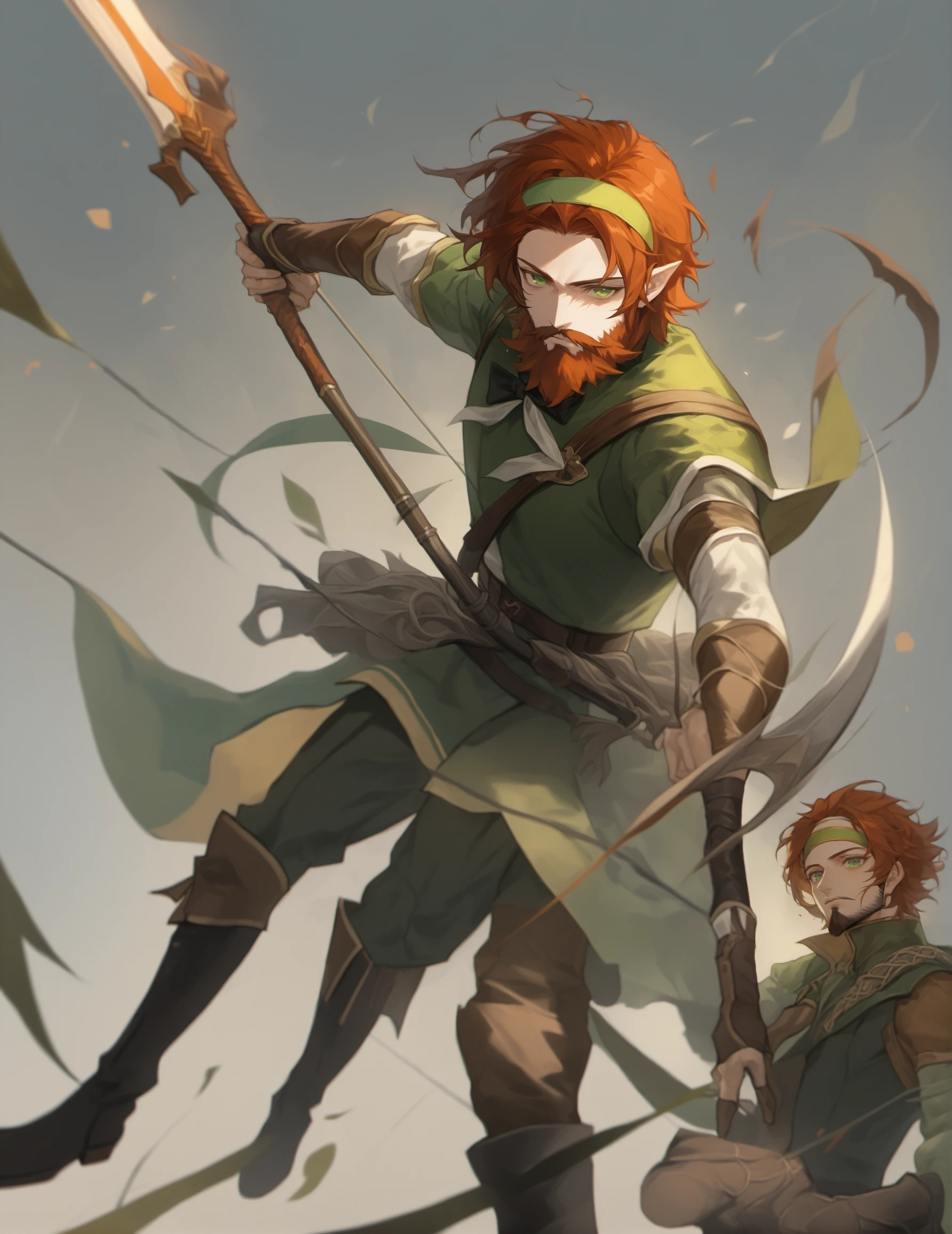 masterpiece, very aesthetic, absurdres, Tanis Half-Elven, solo, solo focus, male focus, 1boy, pointy ears, auburn hair, green eyes, headband, holding, weapon, male focus, facial hair, beard, boots, cape, bow and arrow, elf ranger, <lora:TanisXL:1>