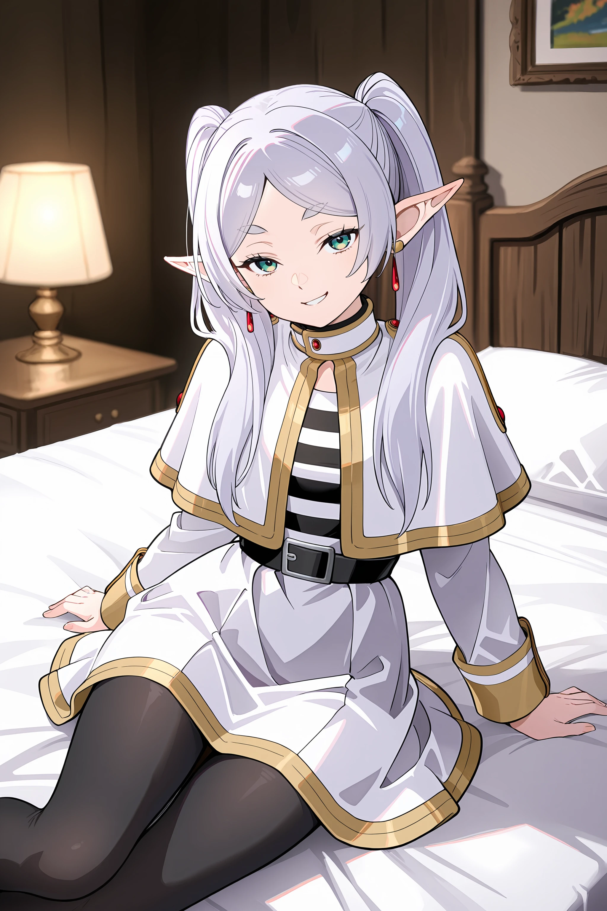 1girl, frieren, solo, twintails, earrings, black pantyhose, black belt, capelet, white skirt set, striped shirt, white jacket, upper body, bedroom, depth of field, sitting on side of the bed, reclining, arm support, ecstasy, gasping, smirk, looking at viewer <lora:Char-Frieren-IL-V1:0.8:hr=0.6>, (kanzaki hiro, konya karasue, mika pikazo, rella:0.6)
masterpiece, best quality, amazing quality, very aesthetic, absurdres, newest, (scenery, volumetric lighting), ray tracing, (bloom:1.4), cinematic
