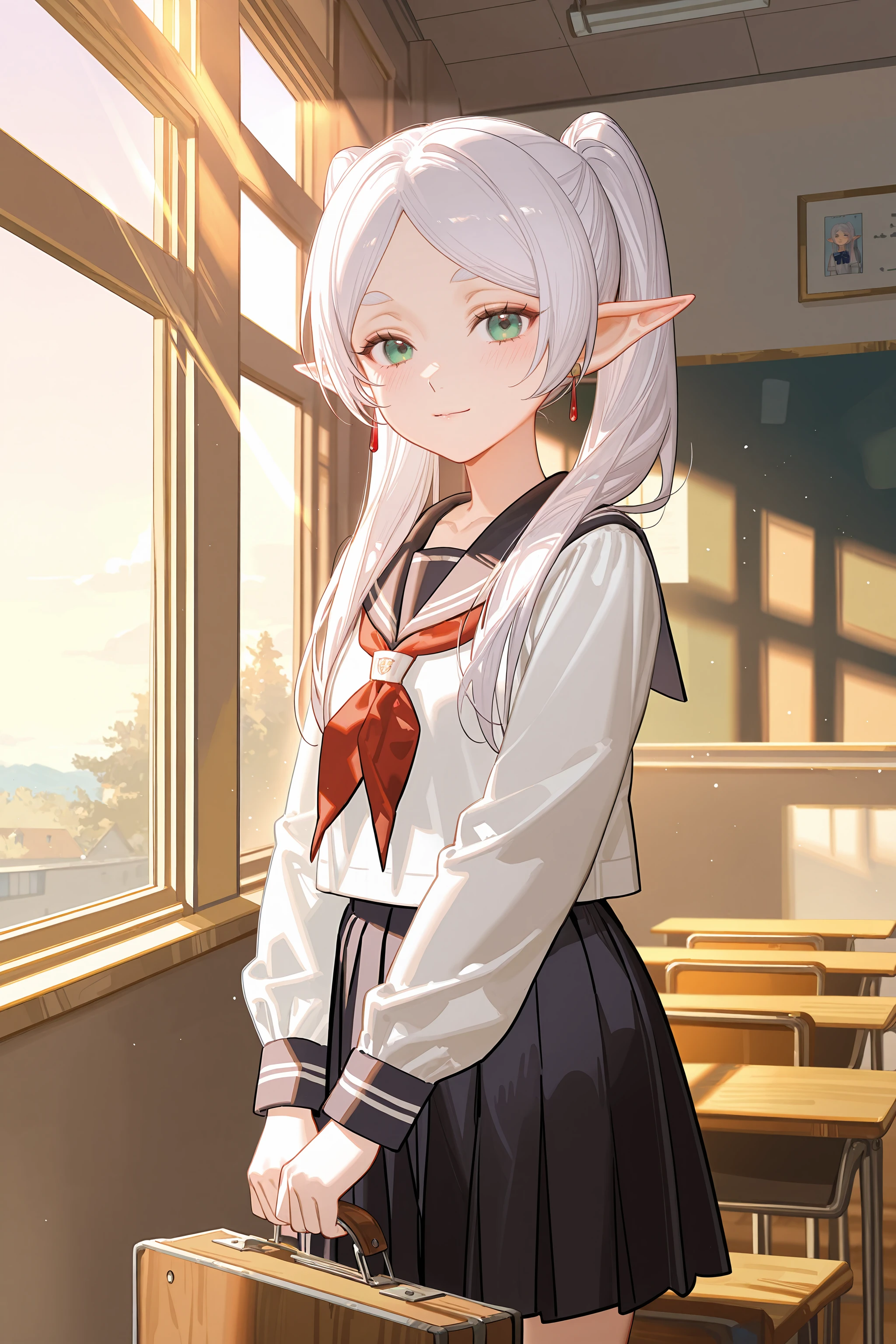 1girl, frieren, twintails, school uniform, serafuku, cowboy shot, sunbeam, sunset, classroom, indoors, window, light smile, blush, looking at viewer, facing viewer <lora:Char-Frieren-IL-V1:0.8:hr=0.6>, ciloranko, alphonse \(white datura\), ask \(askzy\), gomzi, you shimizu
masterpiece, best quality, amazing quality, very aesthetic, absurdres, newest, (scenery, volumetric lighting), ray tracing, (bloom:1.4), cinematic