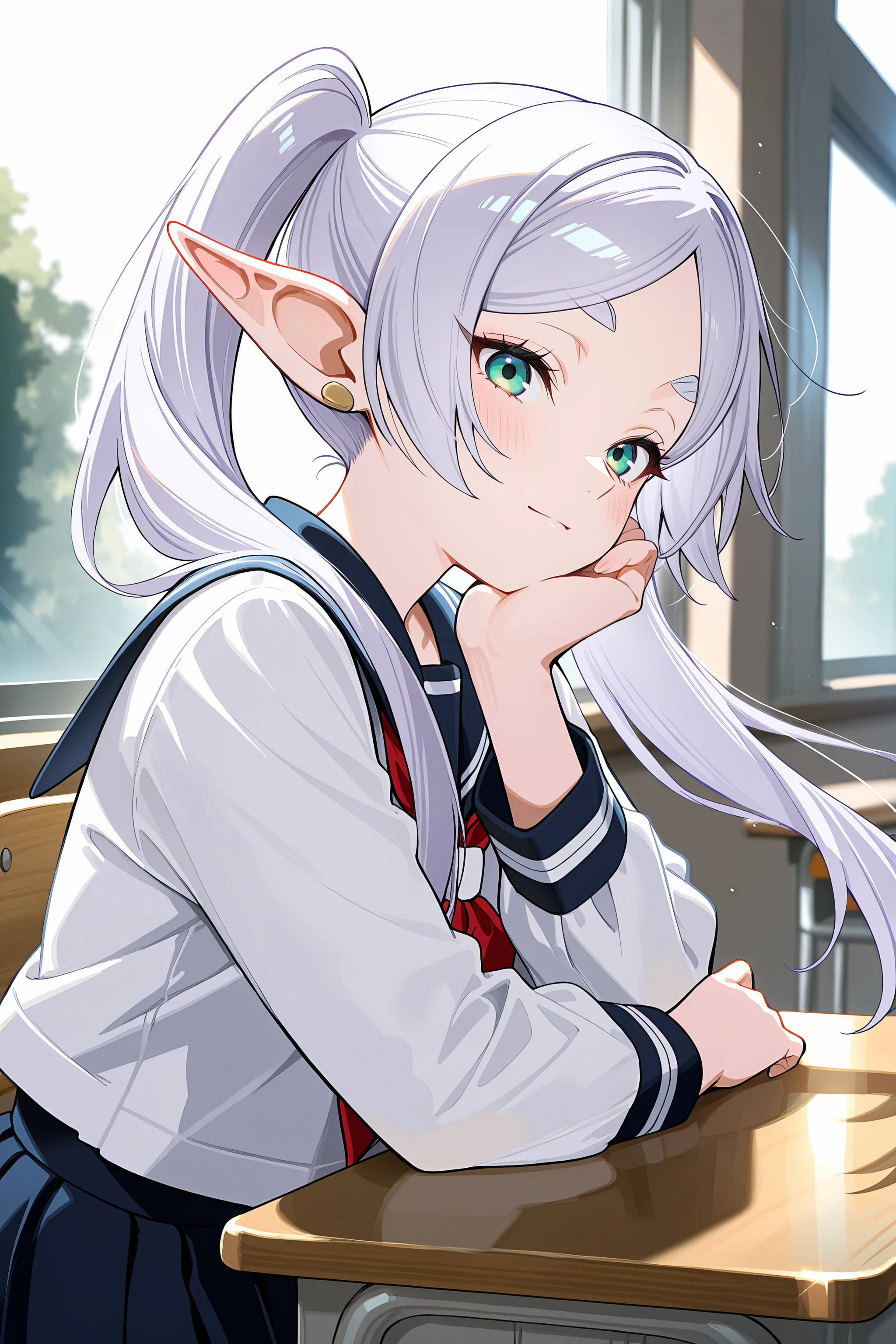 1girl, frieren, twintails, school uniform, serafuku, sitting, school desk, school chair, hand on own chin, from side, looking at viewer, light smile, blush, window, floating hair, sunbeam, depth of field <lora:Char-Frieren-IL-V1:0.8:hr=0.6>, (kanzaki hiro, konya karasue, mika pikazo, rella:0.6)
masterpiece, best quality, amazing quality, very aesthetic, absurdres, newest, (scenery, volumetric lighting), ray tracing, (bloom:1.4), cinematic