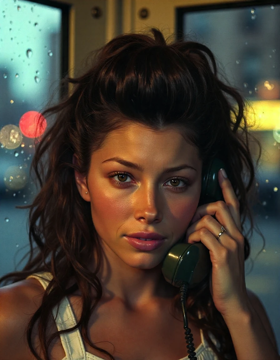 <lora:Jessica_Biel_Ca2002:1> woman Zoomed, Macro Shot, Close-Up, Solo, Alone, Film Still Print, A faded film, desaturated, 35mm photo with a grainy texture, vignette, and vintage aesthetic, reminiscent of Kodachrome or Lomography. The image is stained, highly detailed, and resembles found footage. Water stains and wrinkles and a rip. Loose Curly Afro Hairstyle Highly Detailed Cinematic Photography, Dusk, Candid Photo Inside An Old 1970s Phone Booth, Large Water Droplets In The Foreground, Talking On A Pay Phone, Pouring Rain Outside, Only The Receiver Is Visible In The Photo, New York City Ca 1975, The Exterior Glass Has Cascades Of Water Running Down It, Street Lights And Car Headlights Are Distorted Due To The Cascading Water On The Exterior Glass, Face Is Wet With Tears, Eyes Are Re, Extreme Close-up, Zoomed Shot, Macro Shot, Looking Directly At The Viewer, Centered, Making Eye Contact, Looking Straight Ahead, Looking Forward, Centered in the Frame, Staring at the Viewer, Looking at the Camera, <lora:zz_s_Chest_Size_Slider:-2> buttoned up top