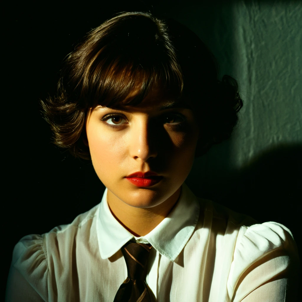 1920s commercial illustration of <lora:Rembrandt Lighting style pony v1:0.9>
In Rembrandt Lighting style a woman in a white shirt and tie posing for a picture, partially covered in shadows, Rembrandt shadow style, cinematic face shadow style, nose shadow, movie themed, sharp, detailed, epic cinematic photography, artistic creative style, dramatic chiaroscuro light, cinematic chiaroscuro color style, skin tone film style, Kodak, 35 mm film style, widescreen, cinematography technique style, Rembrandt Lighting style, 1girl, solo, short hair, shirt, brown hair, black hair, long sleeves, upper body, frills, lips, black background, realistic, photorealistic, traditional media
, magazine cover illustration from the 1920's, exaggerated realism, a hint of caricature