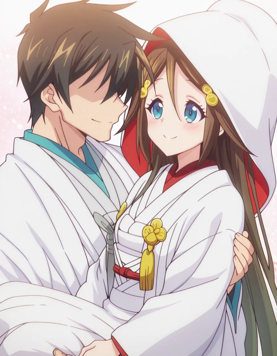 masterpiece, best quality, amazing quality,, <lora:reina-izumi-s1-illustriousxl-lora-nochekaiser:1>, reina izumi, izumi reina, long hair, blue eyes, black hair, hair ornament, hair between eyes, very long hair, mature female, small breasts, anime screencap, <lora:uchikake-illustriousxl-lora-nochekaiser:1>, uchikake, wataboushi, shiromuku, white kimono, hooded kimono, bride, japanese clothes, hood,, <lora:princess-carry-illustriousxl-lora-nochekaiser:1>, princess carry, hetero, carrying, looking at another, smile, blush,, <lora:rance-ova-illustriousxl-lora-nochekaiser:0.7>, rance, brown hair,no eyes, muscular male, 1boy,,