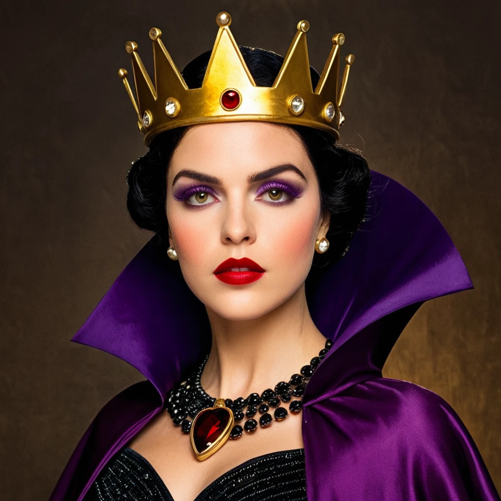 1920s commercial illustration of <lora:Evil Queen illu v1:0.9>
Evil Queen a medium shot of a red lips hot woman dressed in an evil queen purple costume with a golden crown looking evil in 1500s 15th century staring at camera, 1girl, solo, looking at viewer, black hair, jewelry, upper body, cape, makeup, crown, lipstick, eyeshadow, red lips, staring challenge look, magazine cover illustration from the 1920's, exaggerated realism, a hint of caricature