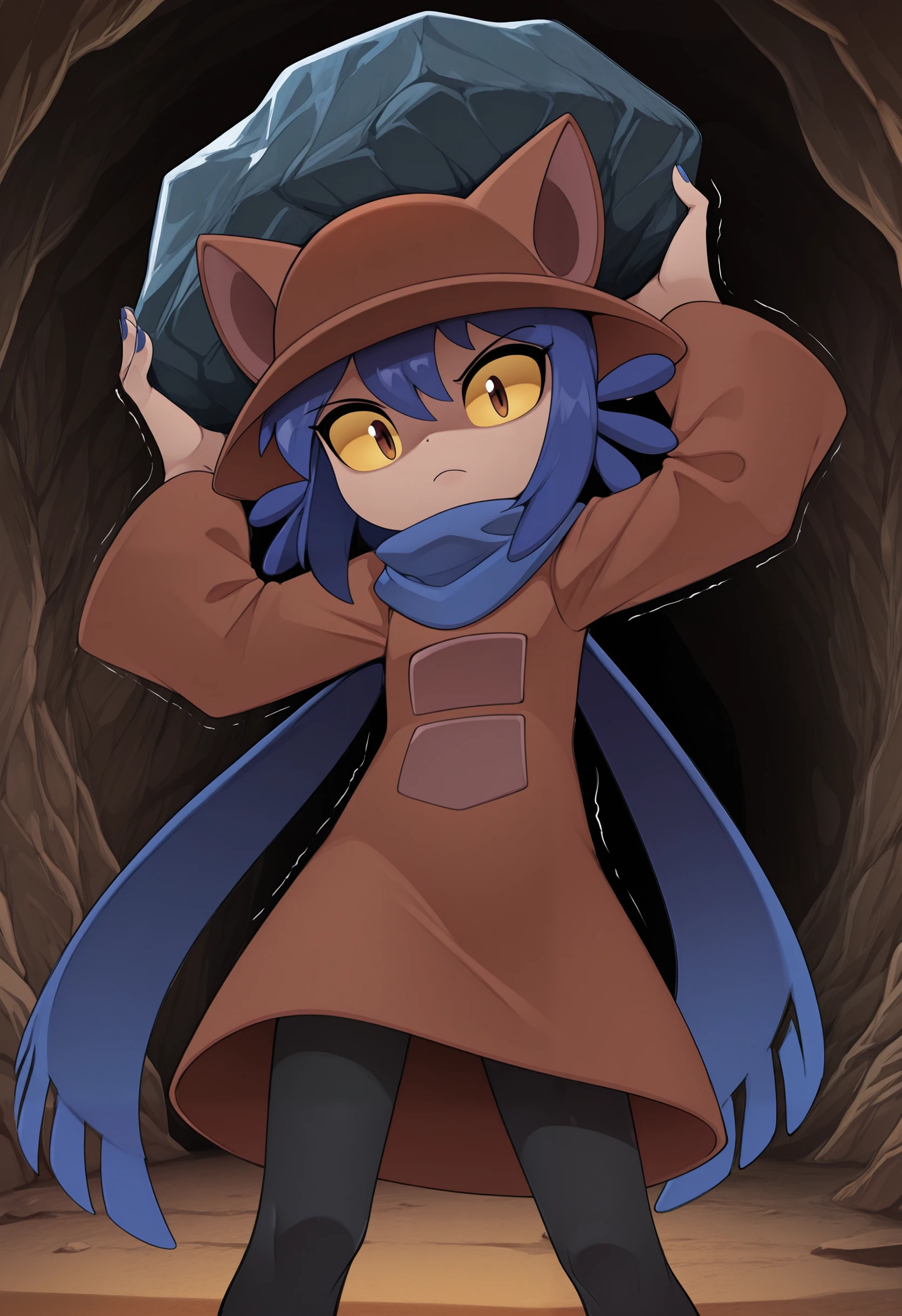 masterpiece,best quality,absurdres,highres,scenery,
bleedman style, toon (style),
1girl,solo, cniko,blue hair,short hair,hair between eyes,whiskers,cat hat,yellow sclera,brown eyes,slit pupils,blue scarf,brown dress,long sleeves,wide sleeves,black legwear, holding rock above head, arms up, looking at viewer, angry, tearing up, heavy breathing, trembling, indoors, cave, shaded face, blue nails,