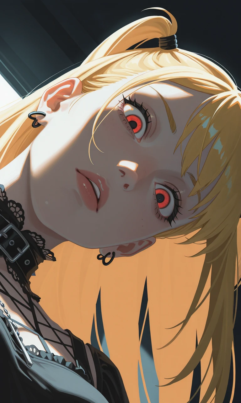 embedding:IllusP0s, g00se, no lineart, (closeup:1.3) eye focus, amane misa_\(death note\), gothic fashion, contrast lighting, parted lips, dark room, head tilt, looking down, from below,<lora:g00se_v3_ill.safetensors:1.0:1.0>