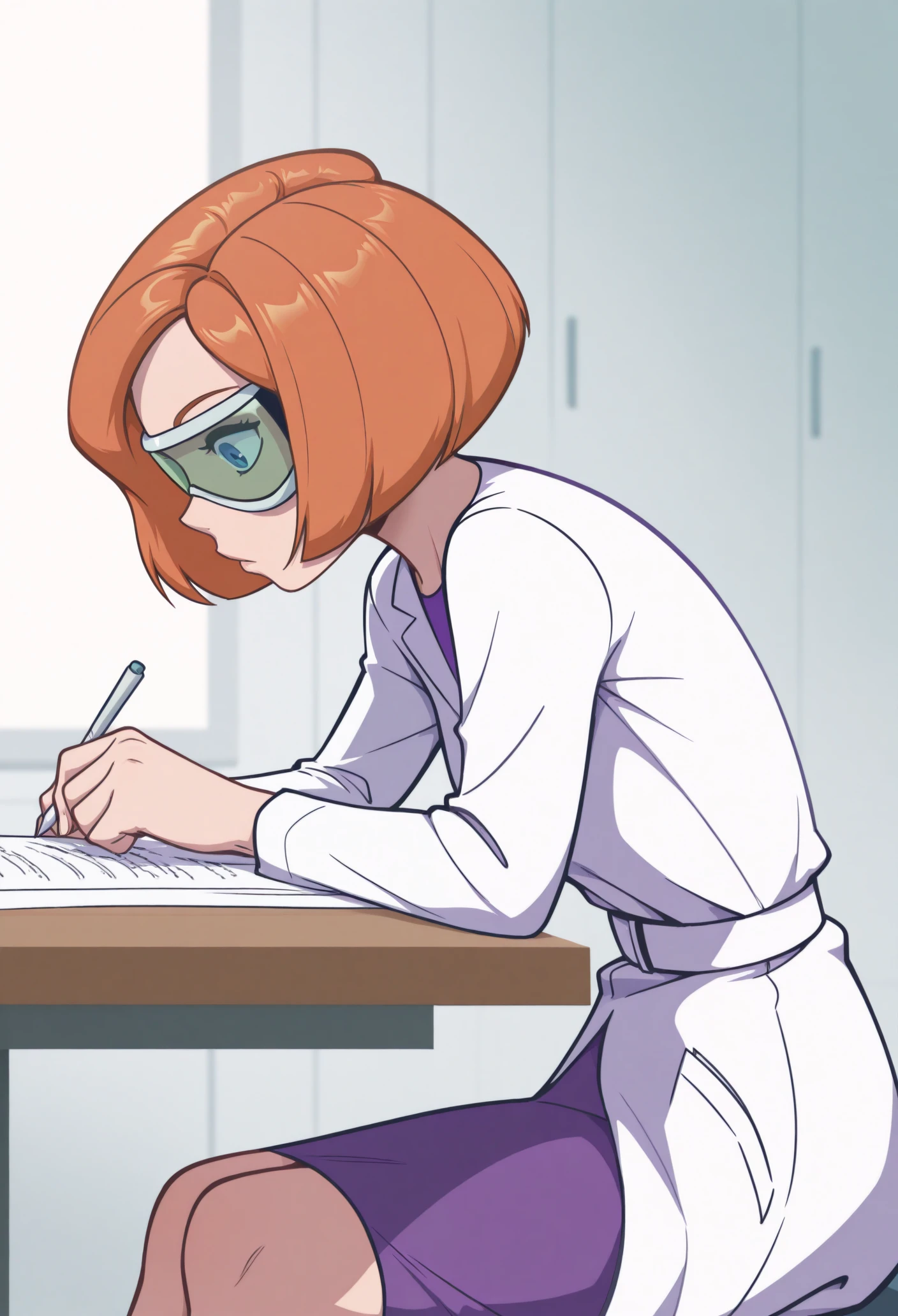 1girl, solo, from side, studying, table,
blue eyes, orange hair, short hair, bob cut, lab coat, long sleeves, purple shirt, white belt, purple skirt, sitting, goggles,
masterpiece, best quality, <lora:studygroup-guy90-Illust-Lorav101:1>, puouts, <lora:annpossible-guy90-Illust-LoraV1:1>, elbnna