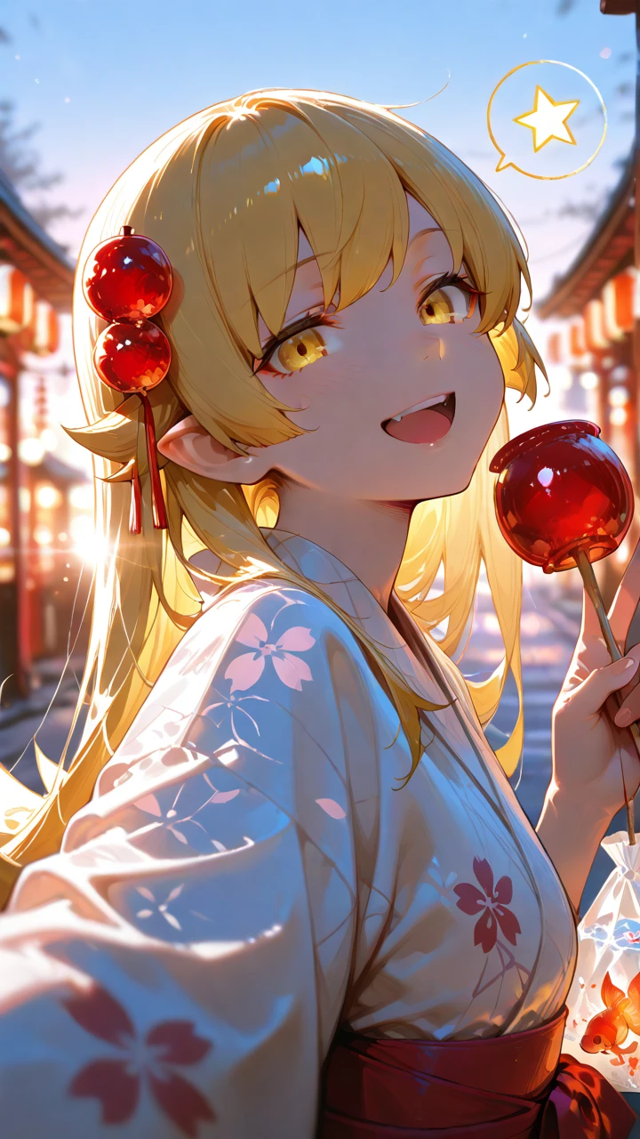 masterpiece, best quality, amazing quality, very aesthetic, absurdres, highres, newest, HDR, 8K, high detailed, color depth
1girl, solo, oshino shinobu, yellow eyes, blonde hair, long hair, round teeth, smile, upper body, spoken star, v, :d front view, japanese cloth, hair ornament, yukata, looking at viewer, japanese festival, composition holding Plastic bag with goldfish and candy apple, side view, diagonal angle, composition, sky, dusk, outdoors,(foreshortening:1.1),(shallow depth of field:1.1), chromatic aberration, cinematic composition, natural lighting, lens flare, polarized light, ambient light,