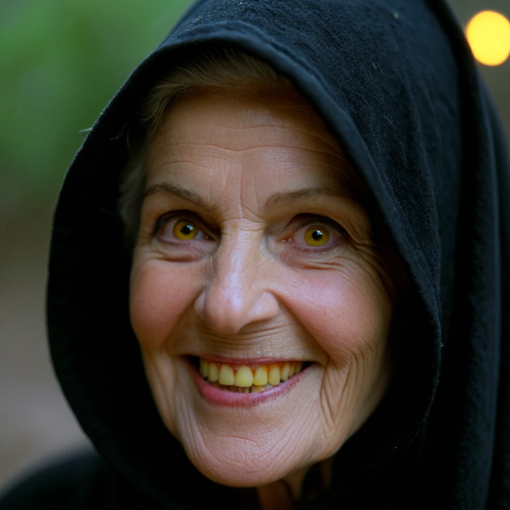 cinematic film still of <lora:Evil Queen pony v1:0.9>
Wicked Witch an extreme closeup shot of a creepy looking old evil witch woman in a hoodie with yellow glowing eyes smilin while staring at camera with rusty white teeth 1500s 15th century, solo, looking at viewer, smile, black hair, 1boy, yellow eyes, male focus, teeth, grin, lips, portrait, close-up, realistic, glowing yellow eyes, wicked smile, old woman, wrinkles
, shallow depth of field, vignette, highly detailed, high budget, bokeh, cinemascope, moody, epic, gorgeous, film grain, grainy