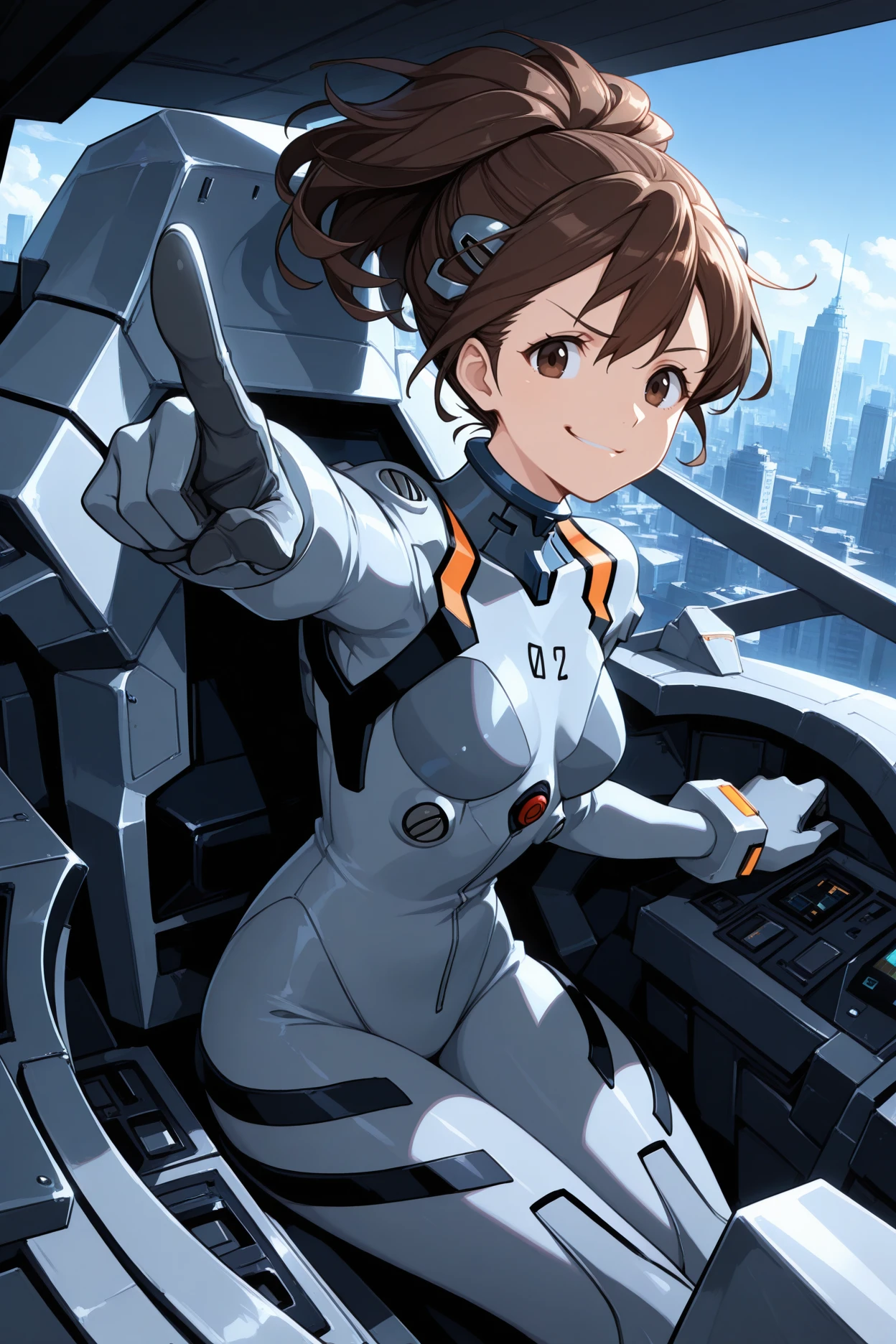 masterpiece, best quality, 1girl, solo, <lora:senomiyaakiho-illu-nvwls-v1-000006:1> snmak, brown hair, short ponytail, brown eyes, grey plugsuit, sitting, cockpit, smirk, cityscape, pointing, looking at viewer