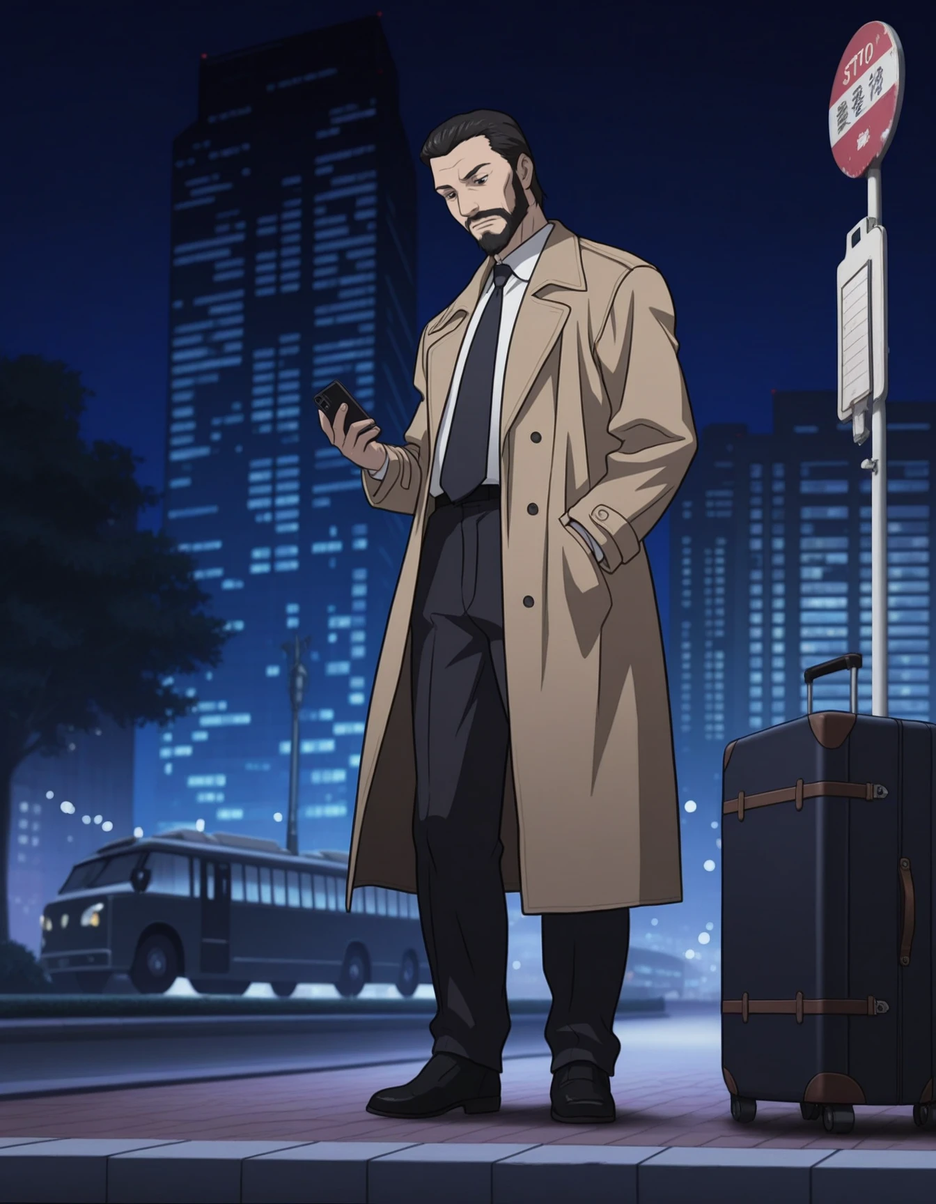 masterpiece, best quality, absurdres, very aesthetic, high quality, highres,
short hair, beard, mustache, trench coat, open coat, suit, black footwear, formal, necktie,
outdoors, night, city, city lights, sidewalk, bus stop, skyscraper, building,
1boy, solo, looking down, standing, looking down, expressionless, holding phone, smartphone, suitcase, hand in pocket,
<lora:ghostintheshell-standalonecomlpex:1> xgitsx,