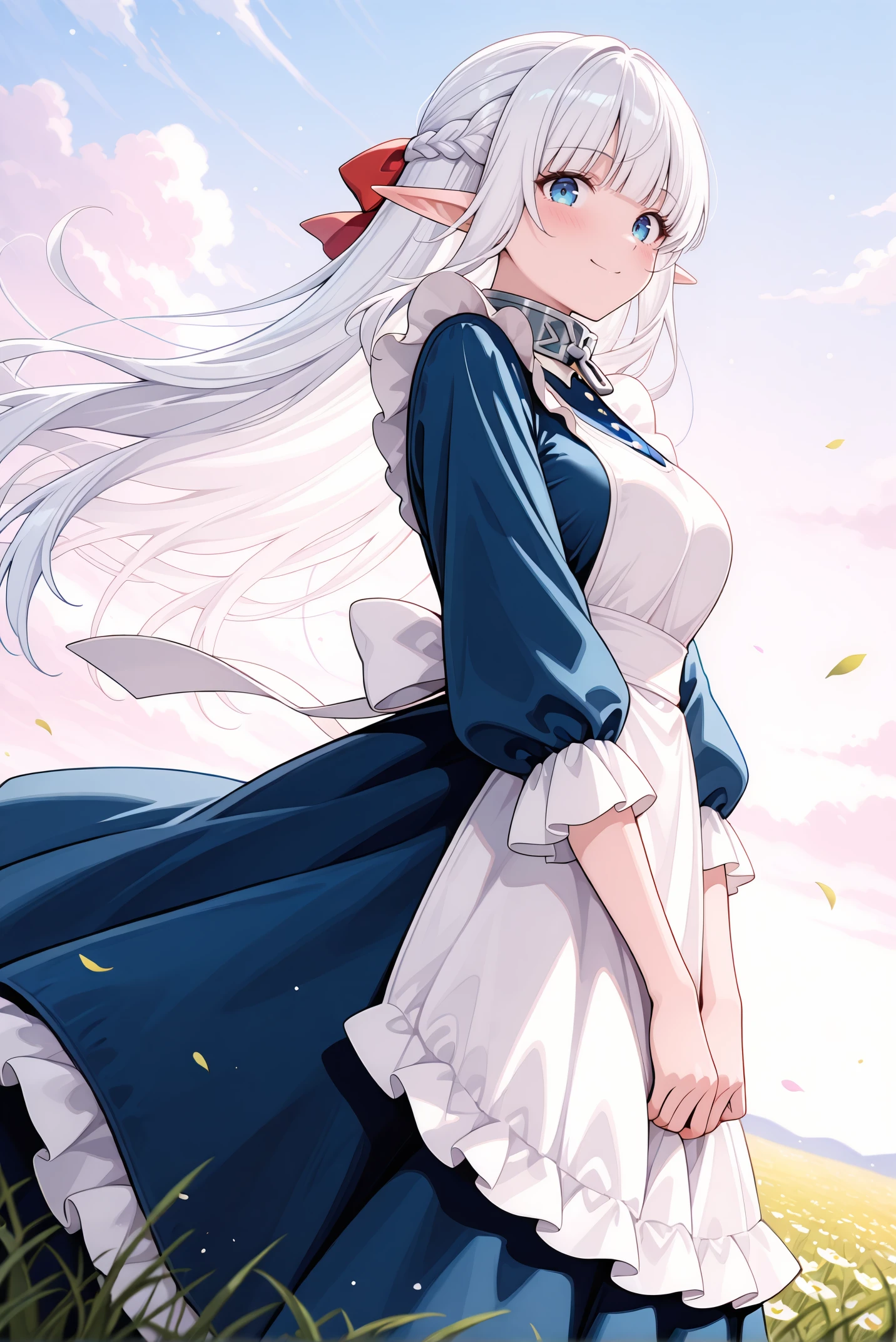 masterpiece, best quality, very aesthetic, absurdres, ultra-detailed, highly detailed, cowboy shot, shiny skin, wind lift, from below, blush, (long dress:1.2), from side,
meadow, wind, outdoors, smile, looking at viewer, standing,
<lora:Nephelia-08:1> nephelia, 1girl, long hair, white hair, braid, pointy ears, french braid, elf, blue eyes, ribbon, apron, sidelocks, dress, bow, hair ribbon, maid, hair bow, frills, blunt bangs, blue dress, white apron, collar, red bow, metal collar,
<lora:illustrious_noobai_epsilon_pred_11_very_aesthetic_v1_1029791:1>
(lazypos:0.7)