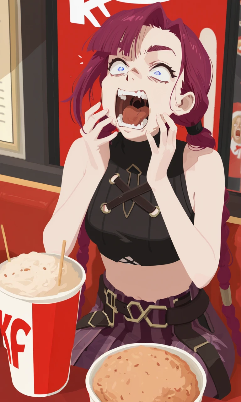 embedding:IllusP0s, g00se, no lineart, eating chiken, sitting, surprised, kfc, screaming, 1girl, solo, jinx_\(arcane\), crop top, asymmetrical bangs, crop top, braid, twintails<lora:g00se_v3_ill.safetensors:1.0:1.0>