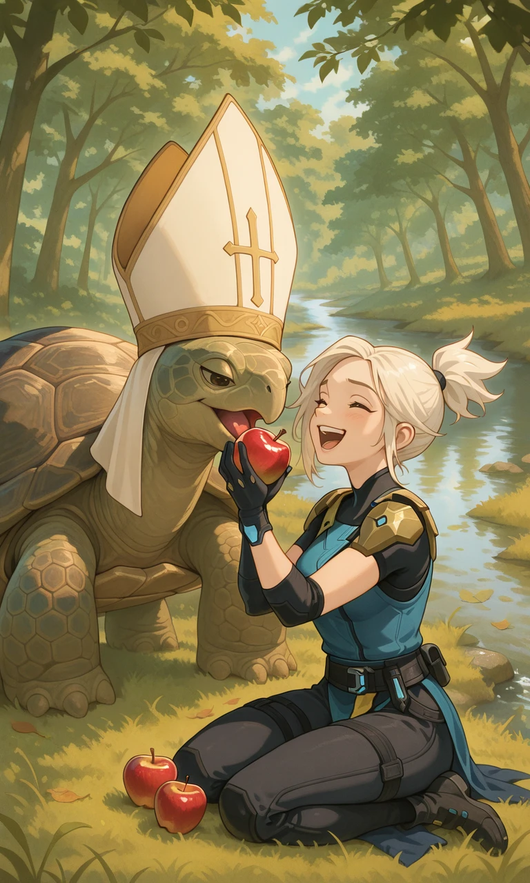 embedding:IllusP0s, turtle pope, jett_\(valorant\), 1girl, sitting, laughing, holding apple, feeding, outdoors, grass, river, trees, leaves,<lora:turtle_pope_r1.safetensors:1.0:1.0>