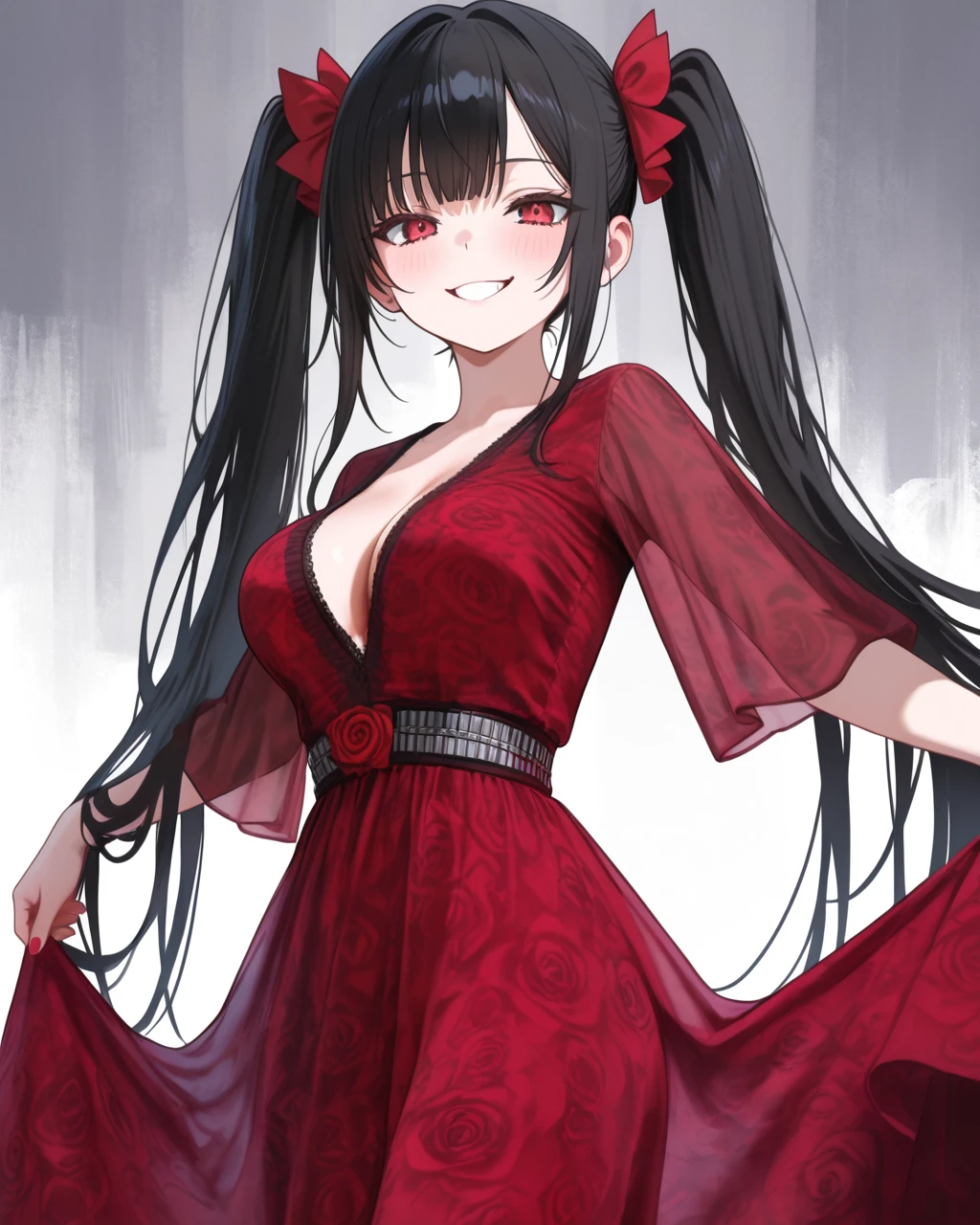 red v-neck belt rose print chiffon dress