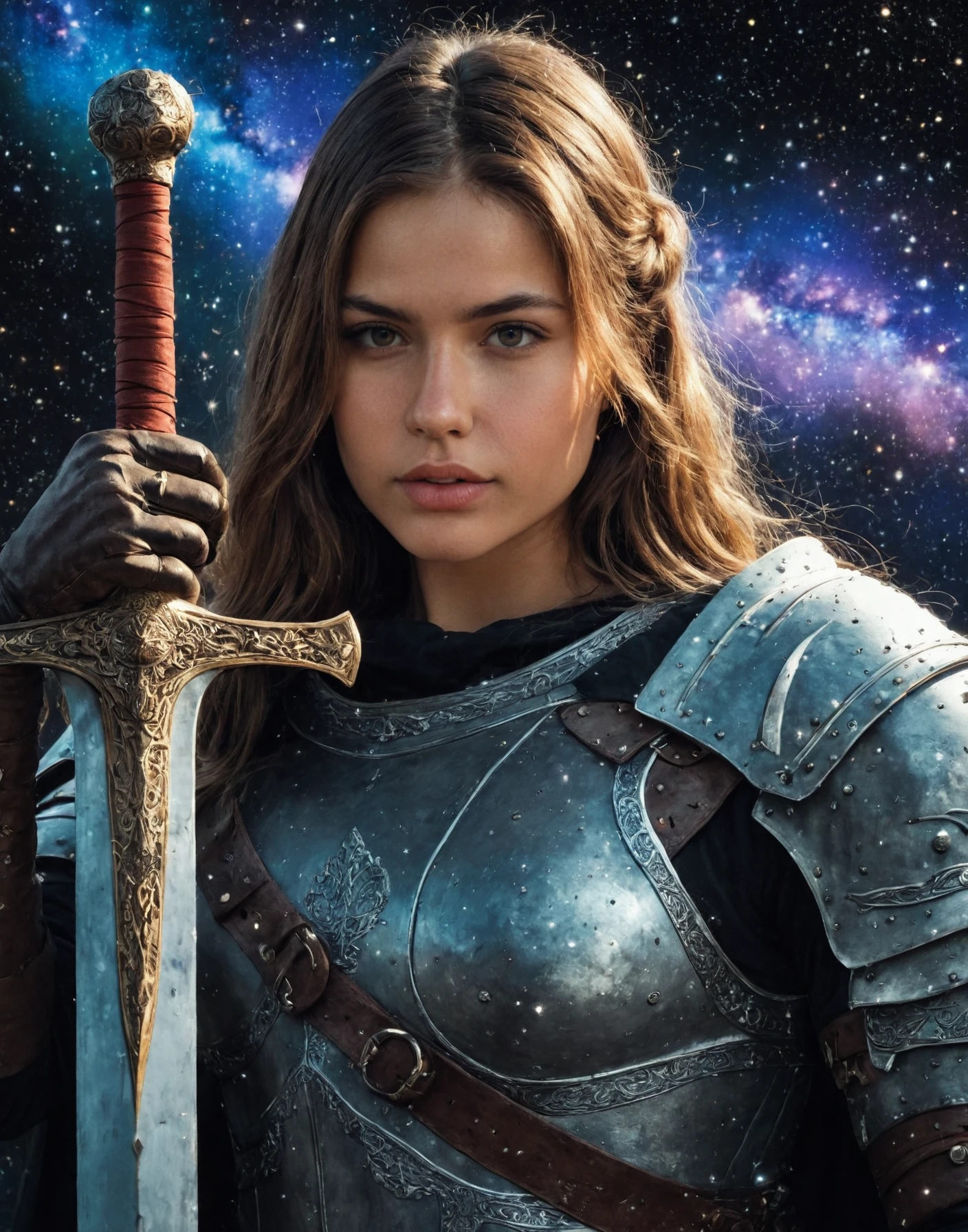 masterpiece, best quality, realistic, 1girl, holding weapon, holding sword, armor, looking at viewer, gloves, sword, stars, particles, atmospheric, galaxy, magic