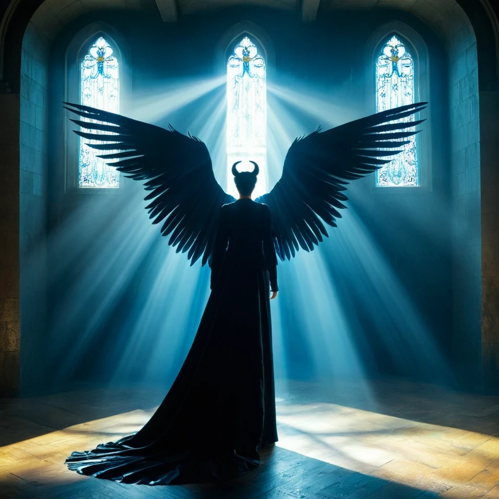 1920s commercial illustration of <lora:volumetric lighting style illu:1>
cinematic god rays, crepuscular rays, Sunbeam of a demon winged creature in a dark room with a large window Volumetric blue light shining in background, detailed background, perfect image, perfect body, perfect anatomy, sharp image, detailed image, contrast, Kodak film, high quality photography, cinematic photography style, Volumetric lighting style, Sunbeam style, crepuscular rays style, god rays style, cinematic rays style, solo, looking at viewer, short hair, long sleeves, standing, grey hair, wings, indoors, from behind, glowing, feathered wings, light particles, black wings, angel wings, angel, dark, black robe, pants, maleficent style, magazine cover illustration from the 1920's, exaggerated realism, a hint of caricature