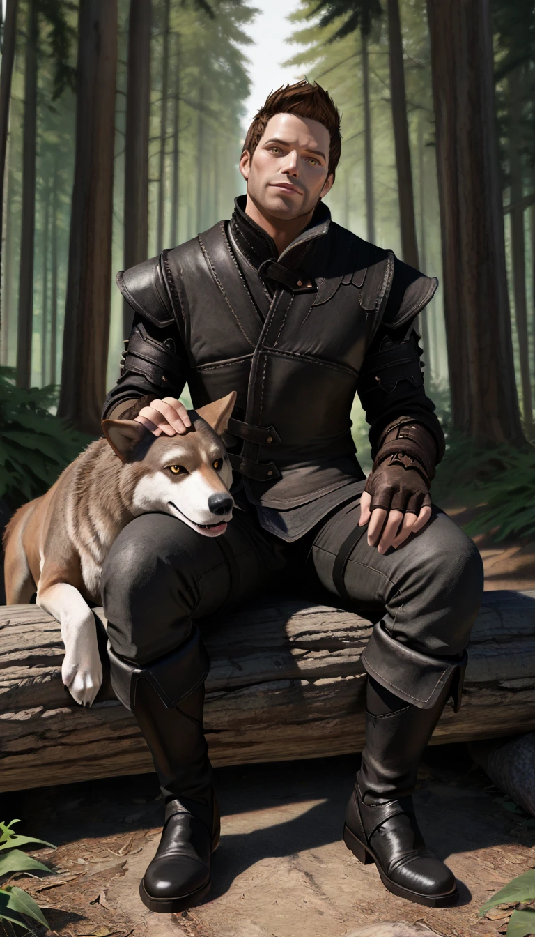 masterpiece, best quality, newest, perfect quality, best quality, detailed background, intricate details, male focus, solo, photorealistic, <lora:Skyrim Romance Mod - Bishop - Illustrious 2-000007:0.7>, srm_bishop, 1boy, mature male, brown hair, very short hair, yellow eyes, stubble, leather armor, fingerless gloves, pants, boots, forest, looking at viewer, head tilt, sitting
BREAK petting wolf