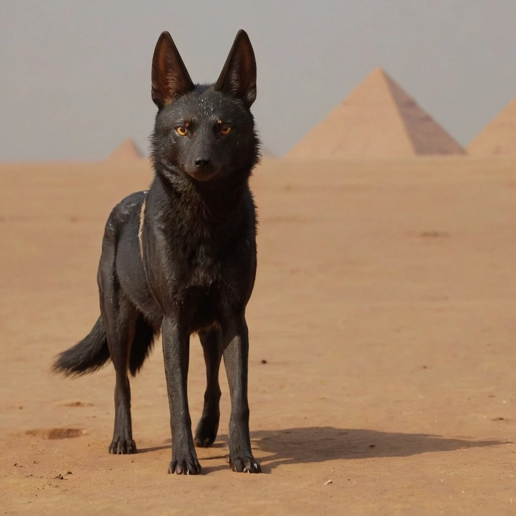 Anubis <lora:Anubis shrine:1> black wolf jackal <lora:betterWolf:1> walking in the egyptian desert
