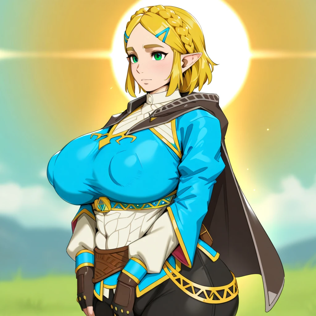 Best Quality, High resolution, Beautiful detailed eyes, extra detailed face, extremely details CG, (Perfect hands, Perfect Anatomy) 1girl in, 独奏, 1girl in、Bianca, DQ5, length hair, blonde hair, Single braid, hair over shoulder, blue eyess, A smile, doress, Lift clothes to show nipples , Red panties, Huge breasts, jewely, 耳Nipple Ring, a choker, Cape, A bracelet, naturey, plein air, blue-sky,cowboy shot,( NSFW.,Show)