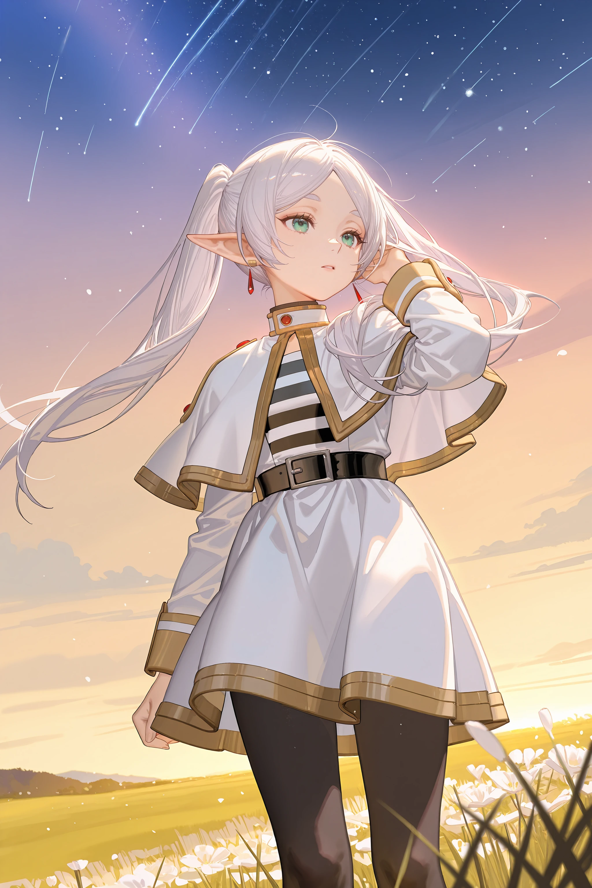 1girl, frieren, solo, twintails, earrings, black pantyhose, black belt, capelet, white skirt set, striped shirt, white jacket, cowboy shot, standing, hand in own hair, floating hair, parted lips, expressionless, from below, meadow, sunset, starry sky, outdoors <lora:Char-Frieren-IL-V1:0.8:hr=0.6>, ciloranko, alphonse \(white datura\), ask \(askzy\), gomzi, you shimizu
masterpiece, best quality, amazing quality, very aesthetic, absurdres, newest, (scenery, volumetric lighting), ray tracing, (bloom:1.4), cinematic