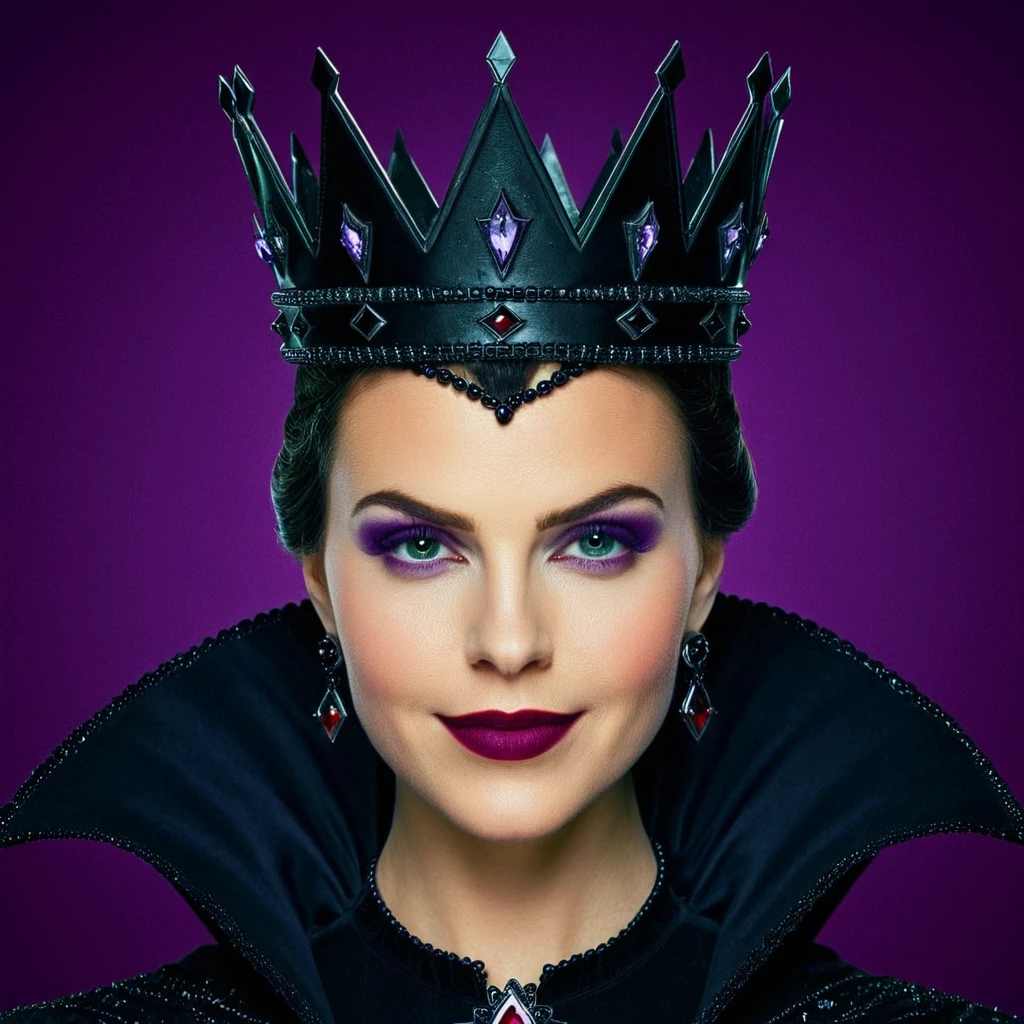 Dark Fantasy Art of <lora:Evil Queen illu v1:0.9>
Evil Queen a drawing medium closeup shot of an evil queen with a crown on her head staring at camera with purple background 1500s 15th century, 1girl, solo, looking at viewer, smile, simple background, closed mouth, green eyes, lips, makeup, portrait, crown, lipstick, eyeshadow, purple background, sinister
, dark, moody, dark fantasy style