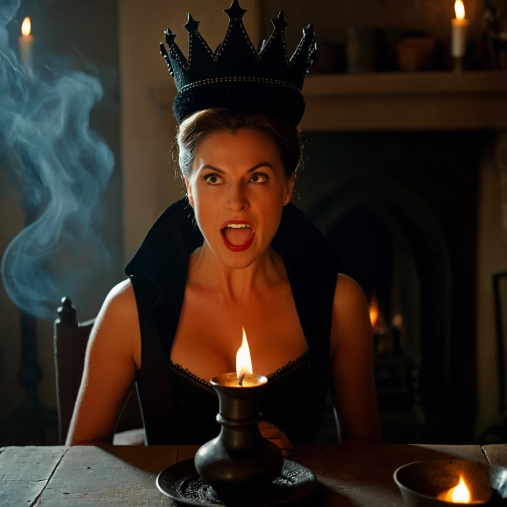 cinematic film still of <lora:Evil Queen pony v1:0.9>
Evil Queen a woman unfolding her black cap up while looking at boiling bowel on fire with her mouth open while wearing a black crown on top of her head in a hazy smoky room in 1500s 15th century, indoors, no humans, chair, table, fire, crown, candle, torch, fireplace
, shallow depth of field, vignette, highly detailed, high budget, bokeh, cinemascope, moody, epic, gorgeous, film grain, grainy