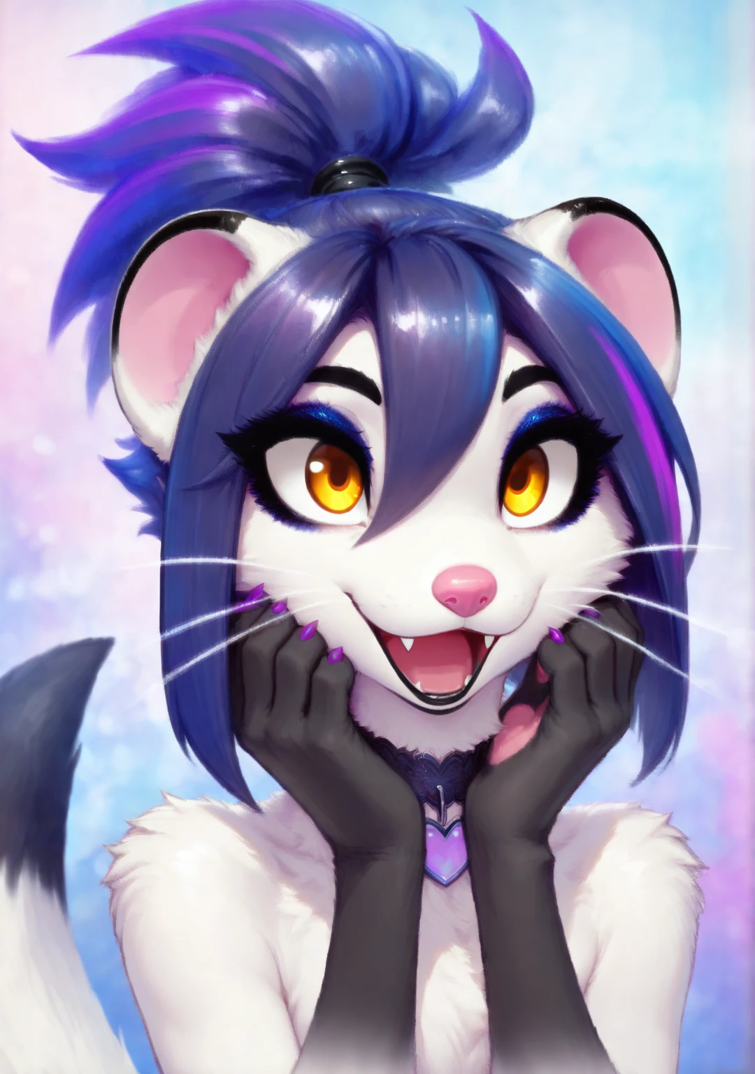 masterpiece,best quality,amazing quality, smari4, 1girl, solo, furry female, pink nose, whiskers, shiny hair, white fur, amber eyes, eyeshadow, eyeliner, thick eyebrows, black lips, (short hair, sidelocks, hair between eyes, blue hair, violet hair, (high ponytail:1.2), streaked hair, cyan streaks, violet streaks, highlights), white body fur, body fur, black ear tips, (weasel tail, white tail, black tail tip), heart choker, paws, small claws, purple claws, skinny, narrow waist, portrait, face focus, :d, fangs, abstract background, hands on own cheek, excited, happy