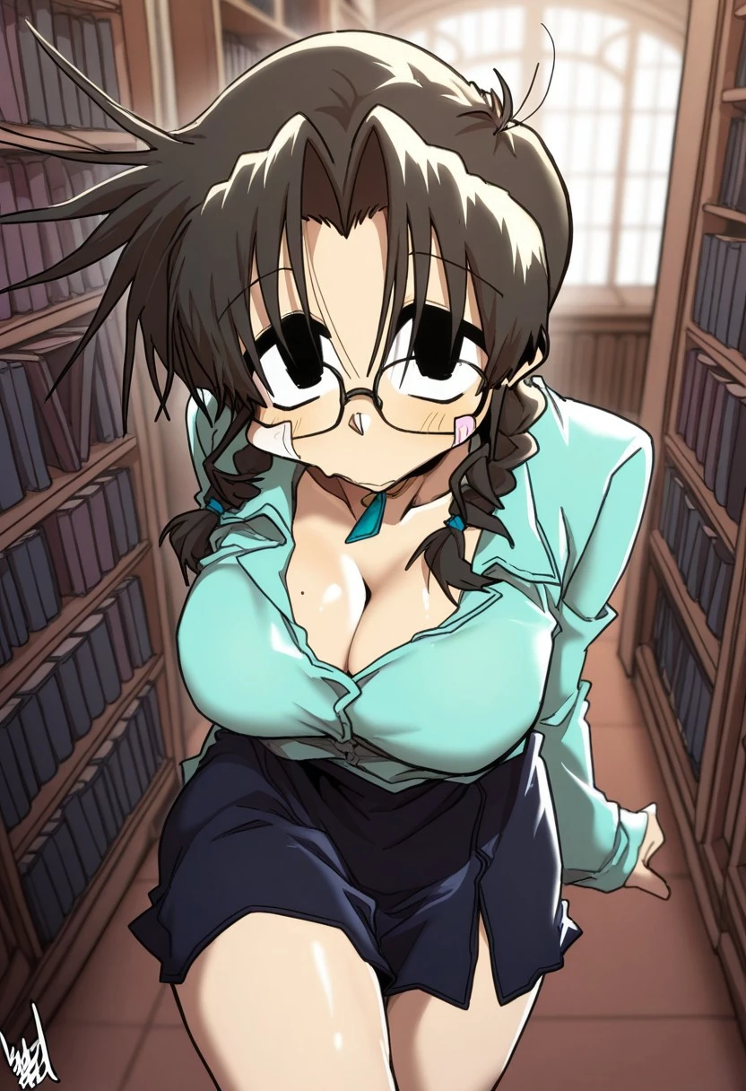 score_10, score_9, score_8_up, score_7_up, BREAK, source_anime, anime screencap, anime coloring, detailed face, a stiff-looking beautiful female teacher, detailed beautiful big brown eyes, large breasts, 36 years old, milf, black hair, skinny, One length medium bob hair, asymmetry_bangs, forehead, hair behind ear, black hairpin, Wears glasses, white shirts, short sleeves, button gap, black micro skirt, skintight, zettai ryouiki thighhighs, visible black lace thong, teaching in front of the blackboard, (holding a textbook, hand on hip), smile, shaped eyebrows, open mouth, classroom, thigh gap, unshaven hairy natural public hair, cowboy shot