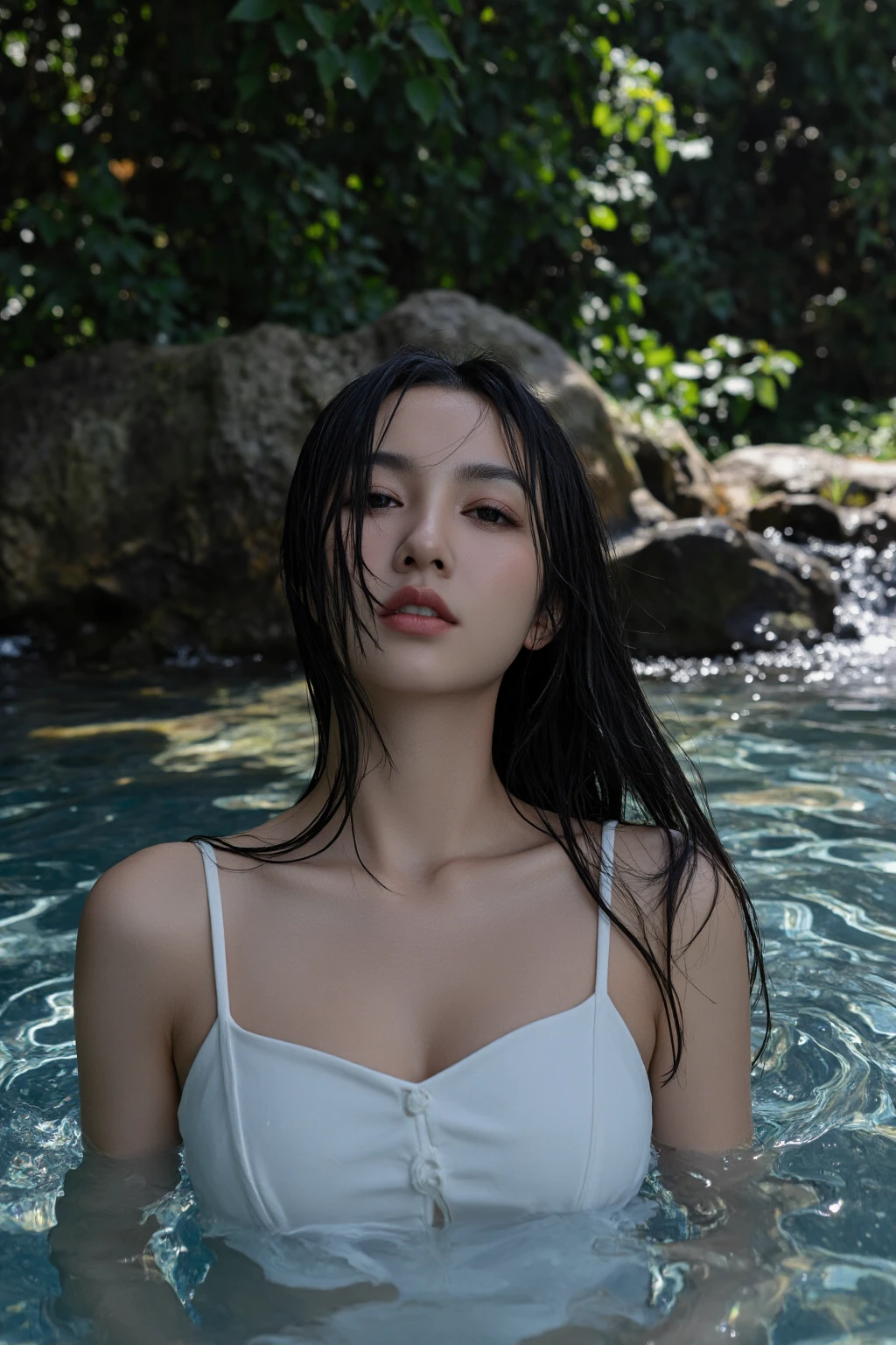 *****,This photograph captures a woman floating just beneath the surface of a small,tranquil stream. The image,imbued with a serene,ethereal quality,features a young woman with fair skin and long,wet,black hair cascading behind her,fanning out in the water. Her serene expression is highlighted by the soft natural light that filters through and reflects off the waters surface. She appears to be in her early twenties,with an elongated neck and delicate,feminine features. She is clad in a white,spaghetti-strapped dress that clings to her slim frame,the soaked fabric clinging to her chest and torso,subtly revealing the outline of her small to medium-sized breasts. The water around her rippled and shimmering,with sunlight creating a dramatic play of light and shadow. The background,slightly out of focus,consists of muted green foliage and rocks,suggesting a secluded,natural locale,possibly a forest or mountain area. The overall tone of the photograph is mystical and introspective,enhanced by the cool,bluish shades that dominate the scene. The soft textures of the water and her wet hair contrast with the smoothness of her skin and the delicate transparency of her dress.,