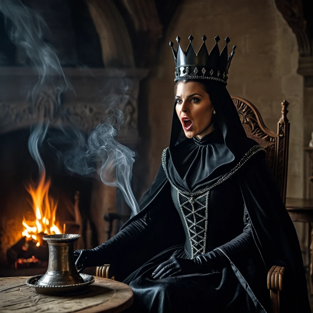Dark Fantasy Art of <lora:Evil Queen illu v1:0.9>
Evil Queen a woman unfolding her black cap up while looking at boiling bowel on fire with her mouth open while wearing a black crown on top of her head in a hazy smoky room in 1500s 15th century, indoors, no humans, chair, table, fire, crown, candle, torch, fireplace
, dark, moody, dark fantasy style