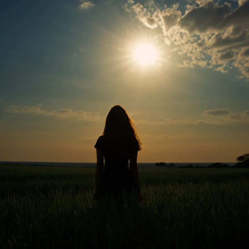 cinematic film still of <lora:warm light style illu v1:1>
3200k, A beautiful cinematic warm light scene of a woman from behind silhouetted standing in front of a sun, golden hour, movie themed, sharp, detailed, epic cinematic photography cinematography style, artistic, dramatic light, cinematic color style, Kodak, 35mm film style, 3200k lighting style, warm light style, 1girl, solo, monochrome, outdoors, sky, cloud, backlighting, sunset, sun, silhouette, long hair, 1boy, male focus, blurry, moon, full moon, from behind, cloudy sky, grass, virtual youtuber, scenery, orange theme, border, shallow depth of field, vignette, highly detailed, high budget, bokeh, cinemascope, moody, epic, gorgeous, film grain, grainy