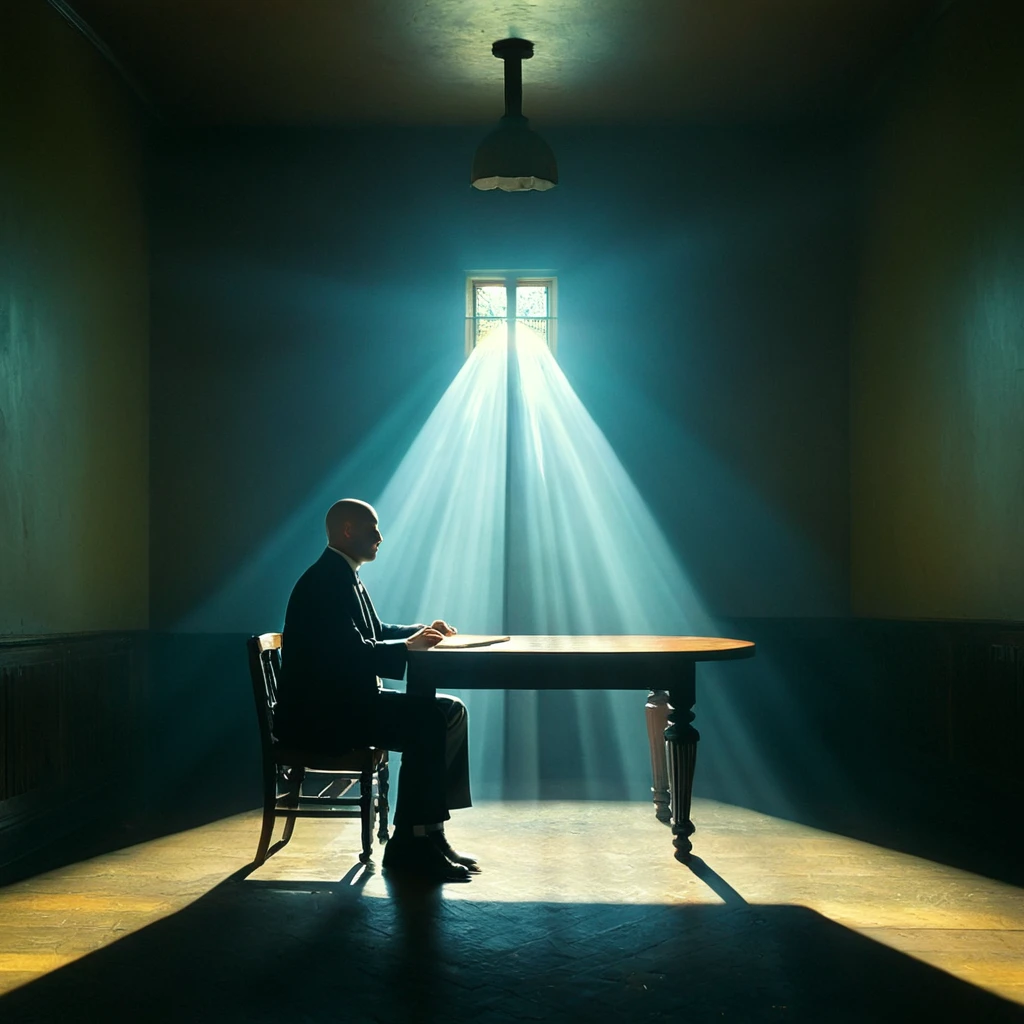 1920s commercial illustration of <lora:volumetric lighting style pony v1:1>
cinematic god rays, crepuscular rays, Sunbeam of a silhouetted person sitting at a table in a dark room in front of bed with window light ray light shining from behind, detailed background, perfect image, perfect body, perfect anatomy, sharp image, detailed image, contrast, Kodak film, high quality photography, cinematic photography style, Volumetric lighting style, Sunbeam style, crepuscular rays style, god rays style, cinematic rays style, solo, sitting, jacket, indoors, window, chair, table, sunlight, light rays, light, shadow, scenery, desk, silhouette, sunbeam, painting (object), window shade, pants, bed, bald, necktie
, magazine cover illustration from the 1920's, exaggerated realism, a hint of caricature