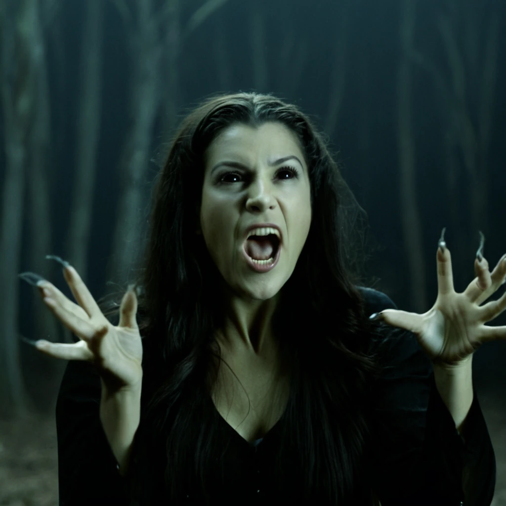 cinematic film still of <lora:black sclera pony v1:1>
a wicked witch creature woman with long hair and a black shirt,solo,long hair,open mouth,simple background, black hair,1boy,closed eyes,male focus,teeth,hands up,black background,realistic , black sclera, black eyes, dark eyes, hollow eyes, empty eyes, long nails, old face, creepy face, ugly, evil, shallow depth of field, vignette, highly detailed, high budget, bokeh, cinemascope, moody, epic, gorgeous, film grain, grainy