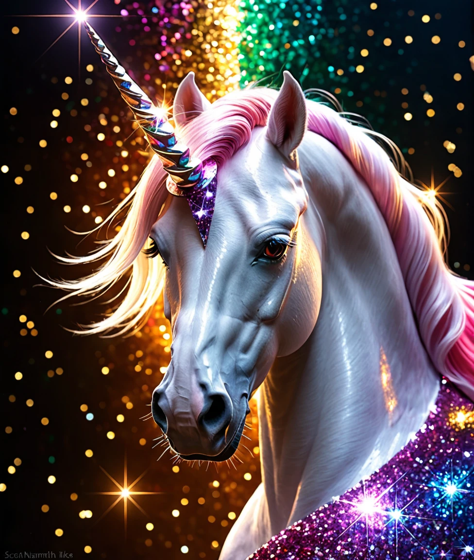 digital painting, horse, unicorn, horn, glitter, sparkling, magical, elegant, fantasy, colorful,hyperrealistic , hyperdetailed, 8k resolution, Unreal Engine, by Scott Naismith, Artgerm, Andreas Franke
