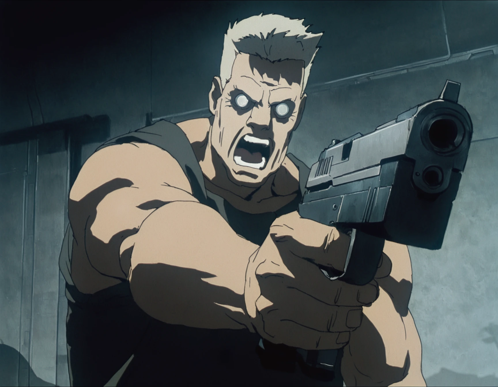 traditional media, highres, masterpiece, very aesthetic,8k,1boy, batou \(gits 1995\), artificial eye, upper body, white eyes, shadow, cinematic, cyberpunk, science fiction, muscular male, holding gun, yelling, blank eyes, aiming to side, <lora:GITS 1995 Lycoris Illustrious 0.1:0.8>