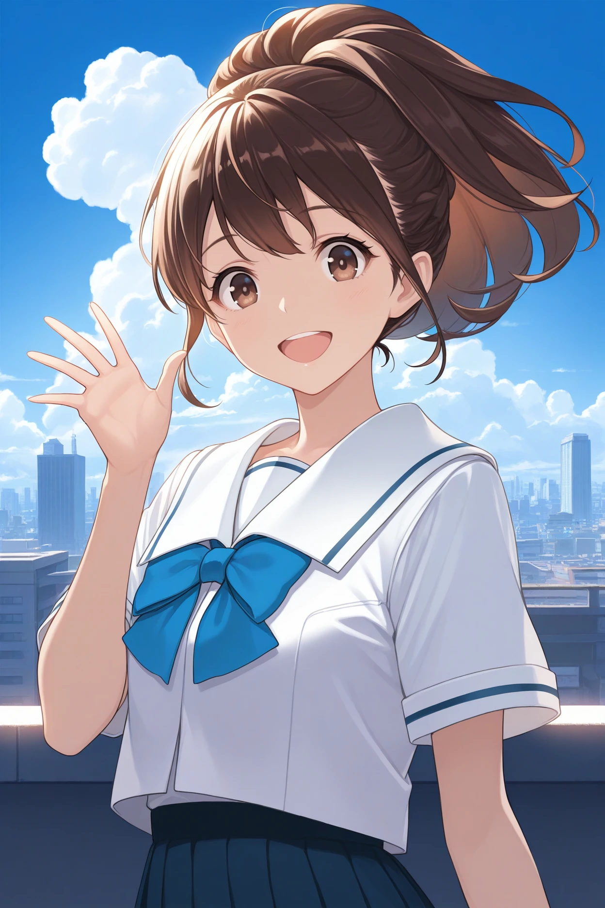 masterpiece, best quality, 1girl, solo, <lora:senomiyaakiho-illu-nvwls-v1-000006:1> snmak, brown hair, short ponytail, brown eyes, white sailor collar, white shirt, short sleeves, blue bowtie, dark blue skirt, pleated skirt, upper body, happy, open mouth, hand up, city, blue sky, clouds, looking at viewer, smile