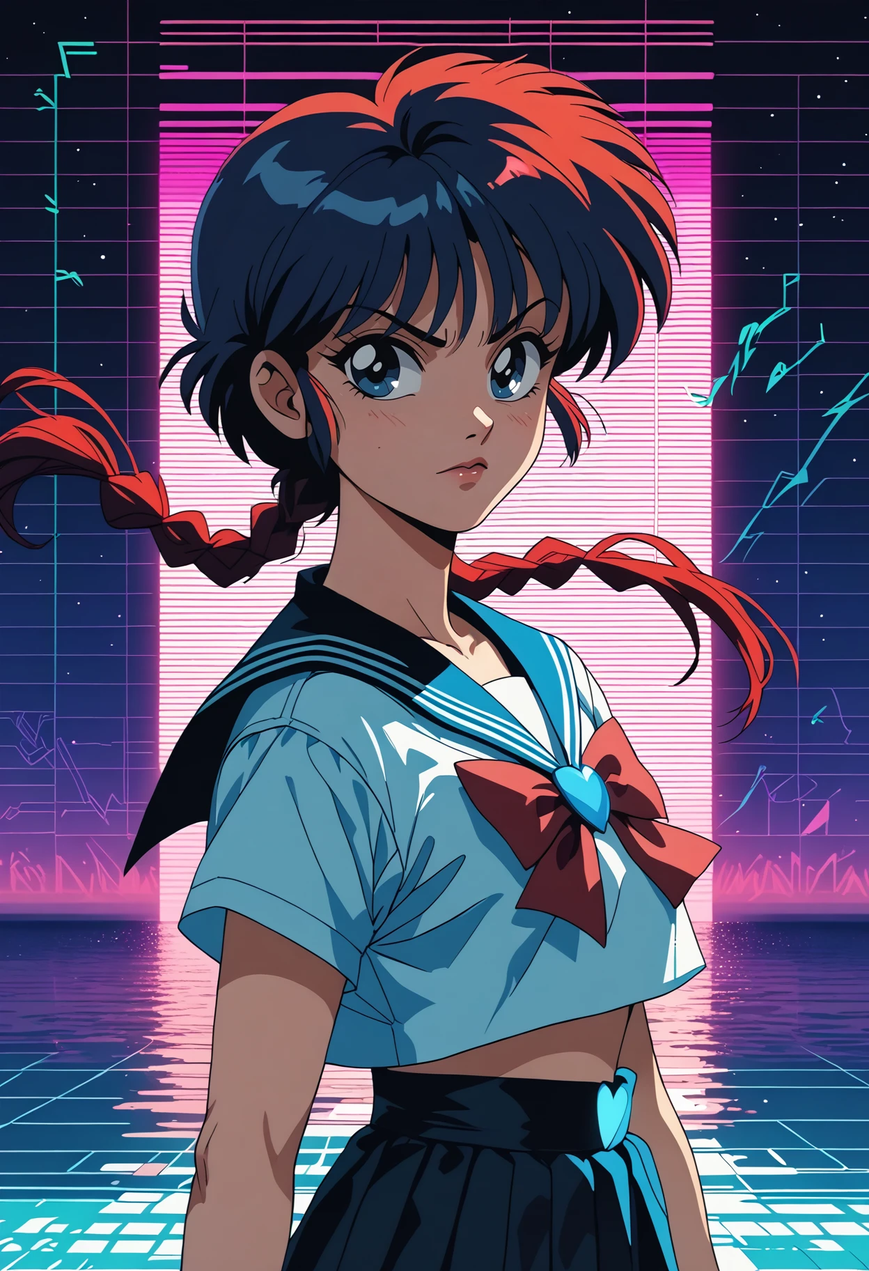 ranma 1/2, sailor scout training, dojo setting, vaporwave aesthetic, dynamic lines, glowing panels, vector graphic design, (flowing motions:0.7), (stylized view:0.6), (layered light:0.5), (high contrast lighting:0.4), (abstract setting:0.4), (geometric patterns:0.3), PonyXLV6_Scores