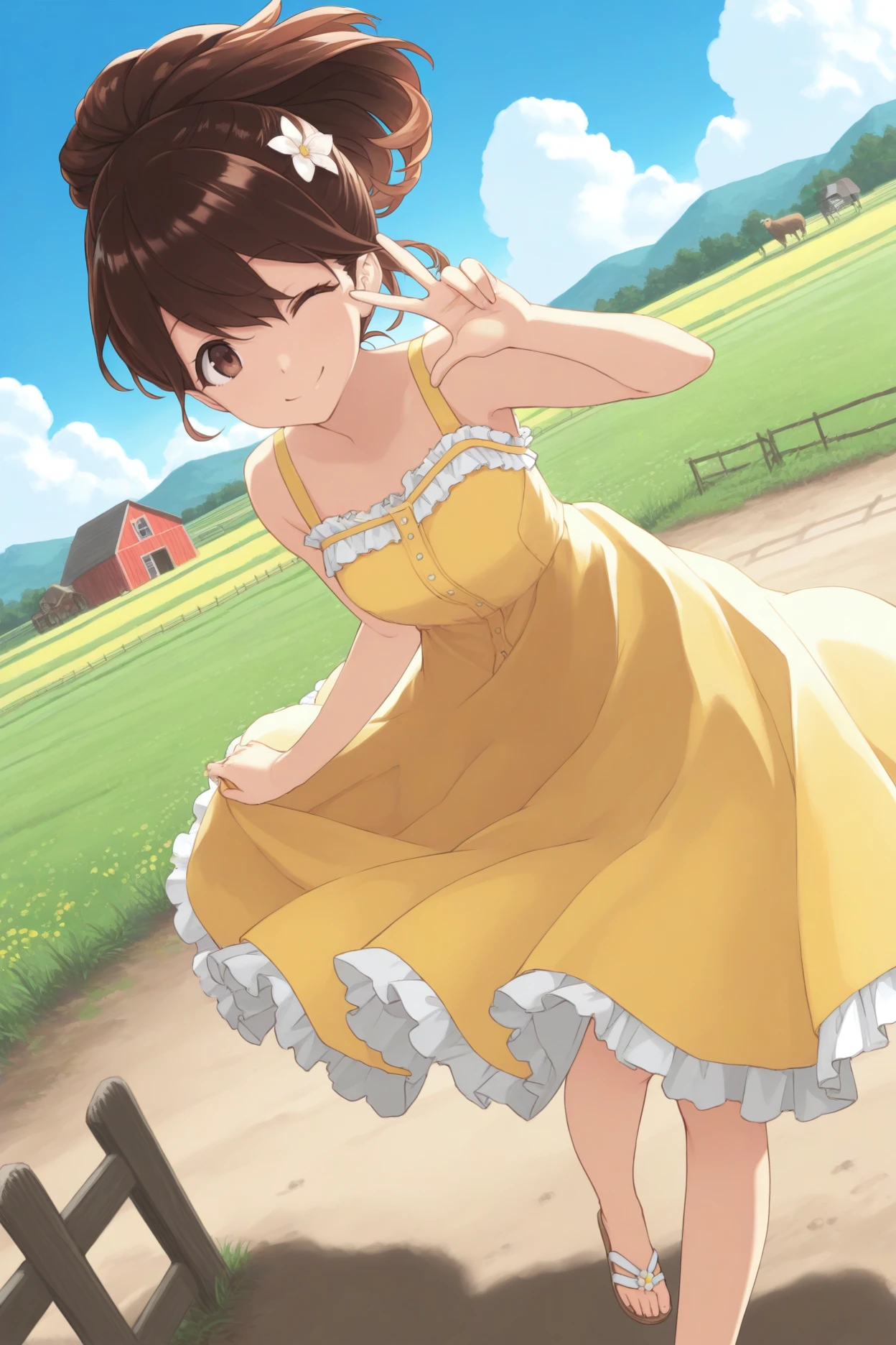 masterpiece, best quality, 1girl, solo, <lora:senomiyaakiho-illu-nvwls-v1-000006:1> snmak, brown hair, short ponytail, brown eyes, yellow sundress, frilled dress, sandals, hair flower, wink, smile, farm, blue sky, field, fence