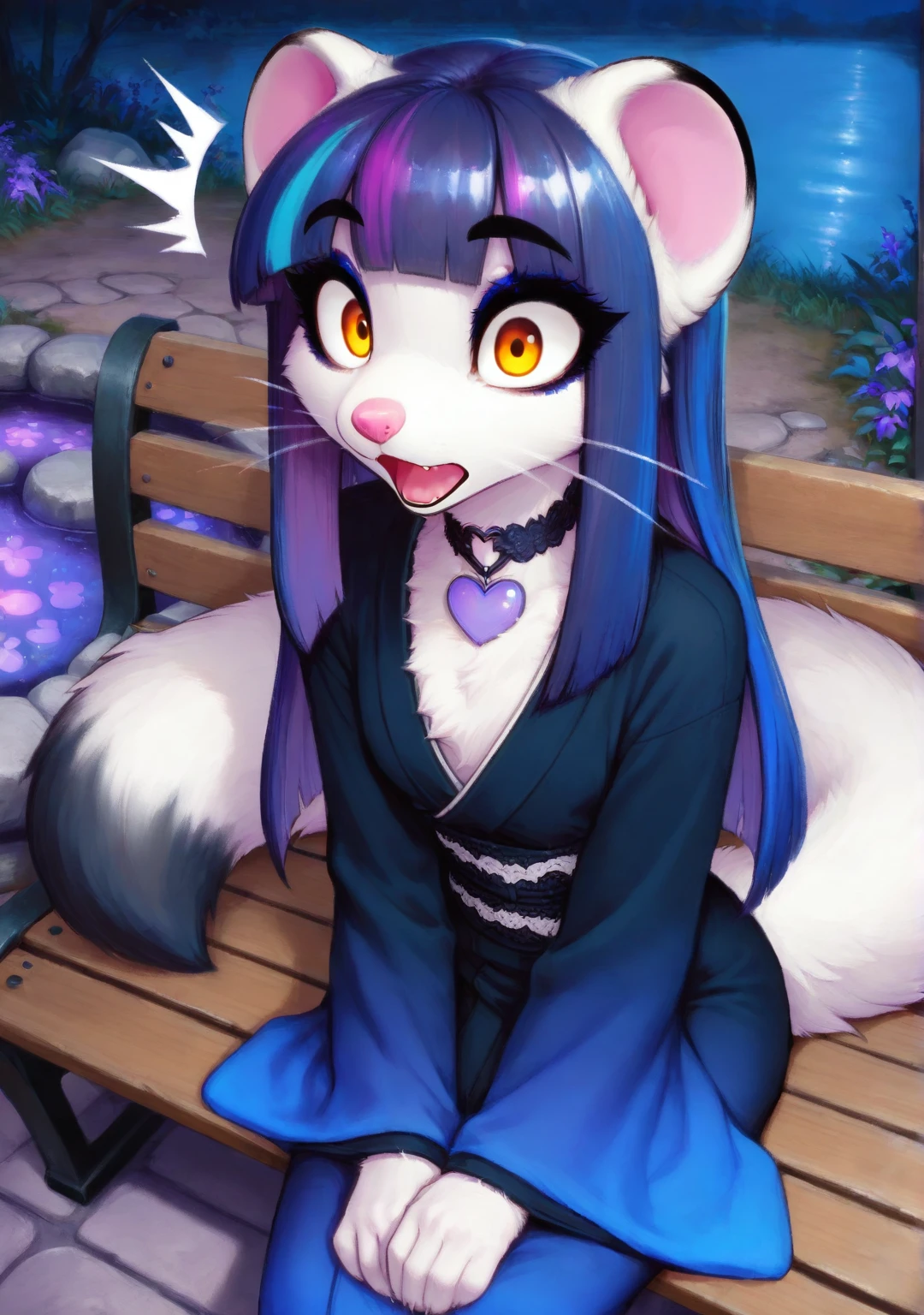 masterpiece,best quality,amazing quality, smari4, 1girl, solo, furry female, pink nose, whiskers, shiny hair, white fur, amber eyes, eyeshadow, eyeliner, thick eyebrows, (long hair, hime cut, sidelocks, blue hair, violet hair, streaked hair, cyan streaks, violet streaks, highlights), white body fur, body fur, weasel tail, black ear tips, white tail, black tail tip, heart choker, paws, small claws, skinny, narrow waist, gradient kimono, v arms, hands together, tail up, from above, wide eyed, surprised, open mouth, looking at viewer, sitting, wooden bench, night, rock pond