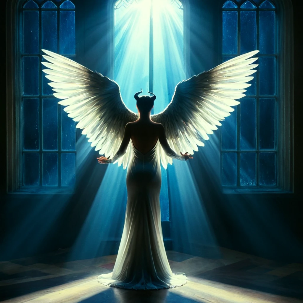 1920s commercial illustration of <lora:volumetric lighting style pony v1:1>
cinematic god rays, crepuscular rays, Sunbeam of a demon winged creature in a dark room with a large window Volumetric blue light shining in background, detailed background, perfect image, perfect body, perfect anatomy, sharp image, detailed image, contrast, Kodak film, high quality photography, cinematic photography style, Volumetric lighting style, Sunbeam style, crepuscular rays style, god rays style, cinematic rays style, solo, looking at viewer, short hair, long sleeves, standing, grey hair, wings, indoors, from behind, glowing, feathered wings, light particles, black wings, angel wings, angel, dark, black robe, pants, maleficent style, magazine cover illustration from the 1920's, exaggerated realism, a hint of caricature