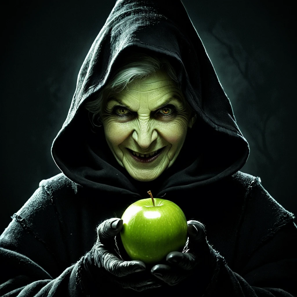 comic book art of <lora:Evil Queen pony v1:1>
Wicked Witch a closeup shot of a creepy looking old evil witch woman in a hoodie holding an apple while staring at camera with perfect cinematic light on 1500s 15th century, solo, looking at viewer, smile, 1boy, holding, male focus, food, hood, black eyes, fruit, holding food, black background, realistic, apple, old, holding fruit, wrinkles, big nose, very creepy face
, comic art, graphic novel illustration