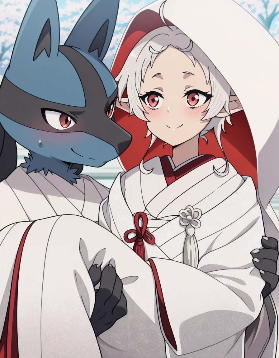 masterpiece, best quality, amazing quality,, <lora:sylphiette-s2-illustriousxl-lora-nochekaiser:1>, sylphiette, short hair, ahoge, white hair, pointy ears, elf, red eyes, mature female, small breasts, anime screencap, <lora:uchikake-illustriousxl-lora-nochekaiser:1>, uchikake, wataboushi, shiromuku, white kimono, hooded kimono, bride, japanese clothes, hood,, <lora:princess-carry-illustriousxl-lora-nochekaiser:1>, princess carry, hetero, carrying, looking at another, smile, blush,, <lora:lucario-illustriousxl-lora-nochekaiser:0.7>, lucario, furry male, interspecies, furry with non-furry, furry, pokemon (creature), 1boy,no eyes,,