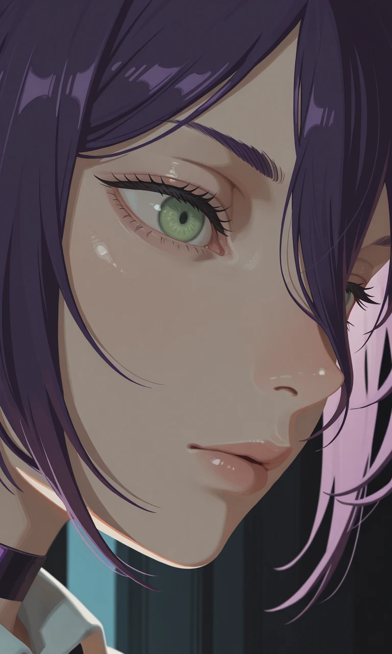 embedding:IllusP0s, g00se, no lineart, green eyes, (closeup:1.3) eye focus, reze_\(chainsaw man\), contrast lighting, purple hair, dark room,<lora:g00se_v3_ill.safetensors:1.0:1.0>