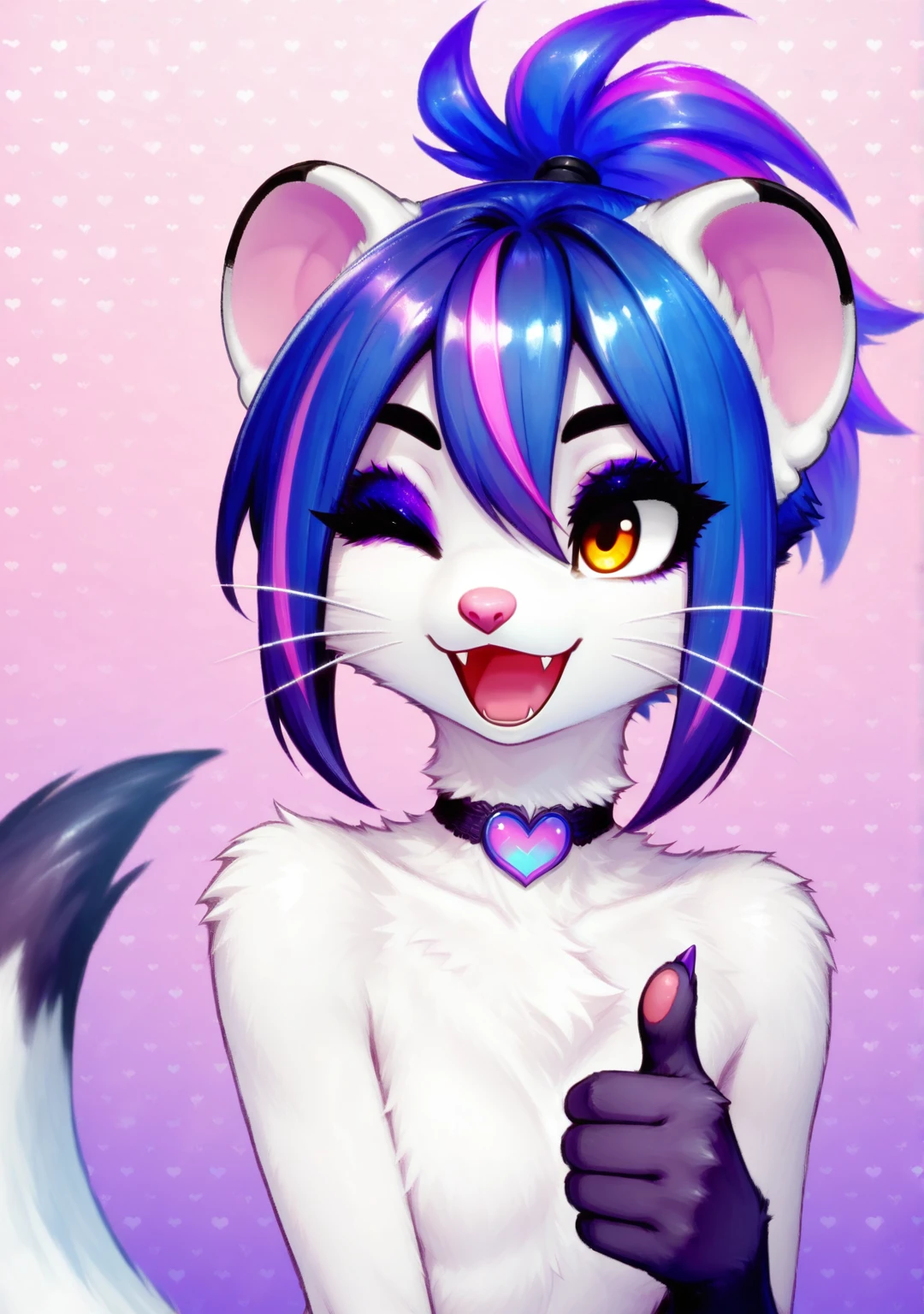 smari4, 1girl, solo, furry female, pink nose, whiskers, shiny hair, white fur, amber eyes, eyeshadow, eyeliner, thick eyebrows, (short hair, sidelocks, hair between eyes, high ponytail, blue hair, violet hair, streaked hair, cyan streaks, violet streaks, highlights), white body fur, body fur, black ear tips, (weasel tail, white tail, black tail tip), heart choker, paws, small claws, purple claws, skinny, narrow waist, portrait, thumbs up, wink, :d, fangs, mouth wide open, heart print background, tail up, straight on,
masterpiece,best quality,amazing quality
