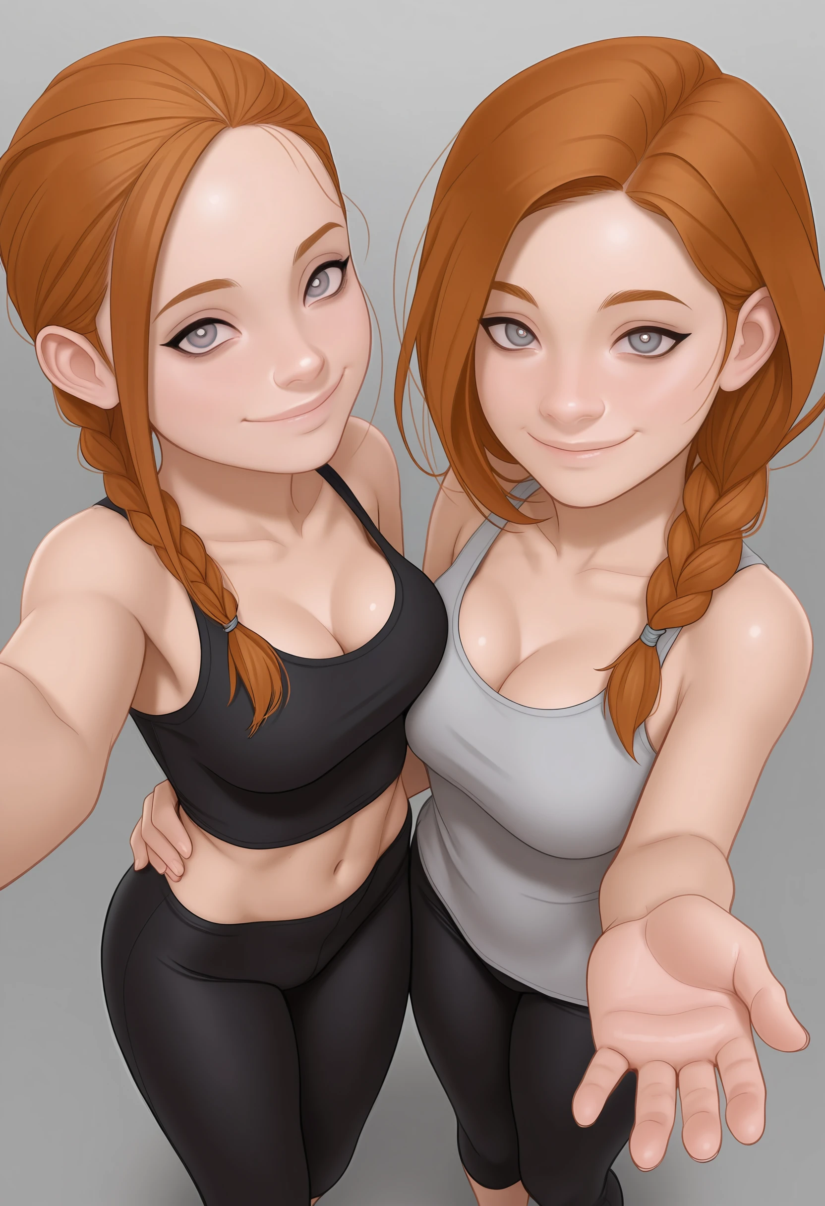 (((2heads))), 1man, feminine face, very pale white skin, no body hair, no facial hair, round face, face like Emma Watson next to Emma stone, big sunkissed cheeks, large brown eyes,smiling, detailed eyes, thin pink lips, wearing a beanie, brunette, ponytail hair, big wide shoulders, toned arms,very fit, shimmer gold shimmer tank top, exposed shoulders, small breasts,looking ahead, 50 years old, wide hips, ripped shimmer shorts, large butt, wide hips,very thick thighs, running on a treadmill, photography, realistic,(big bulge in pants), milk dripping,very sweaty, in the style of Disney animation